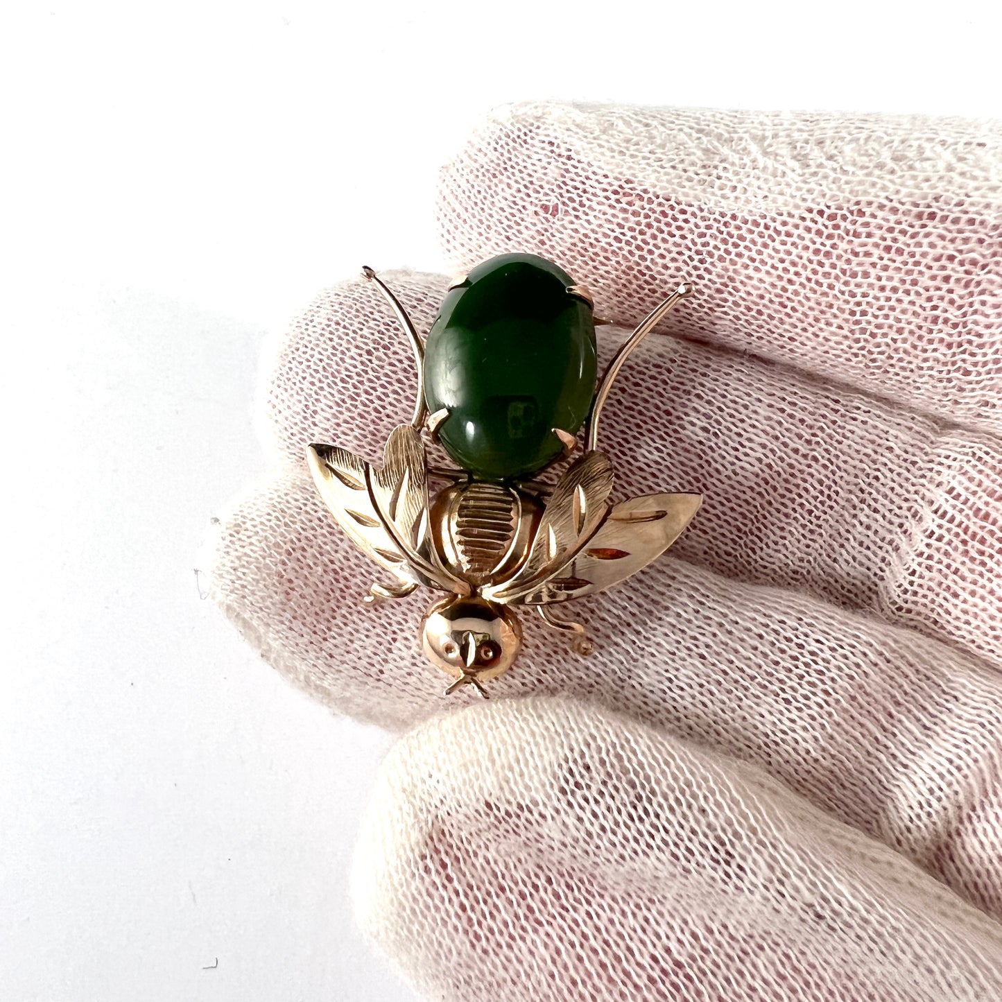 East Asia Vintage 14k Gold Jade Bee Brooch.