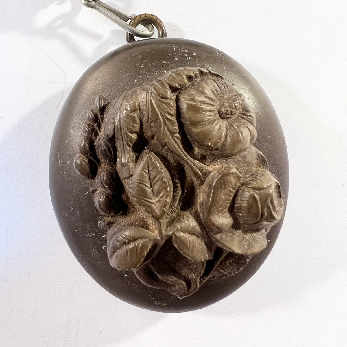 Antique Victorian Gutta Percha Locket Pendant Necklace. T Niklasson