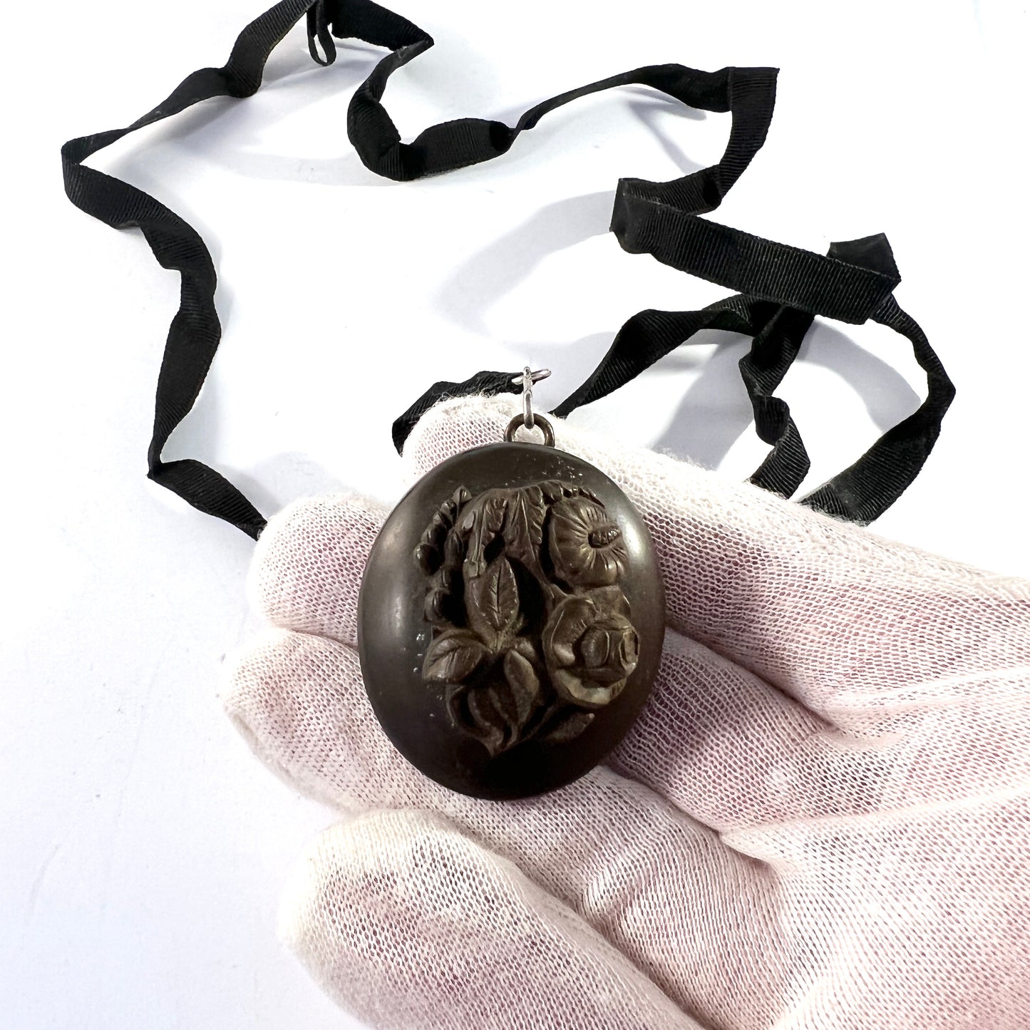 Antique Victorian Gutta Percha Locket Pendant Necklace.