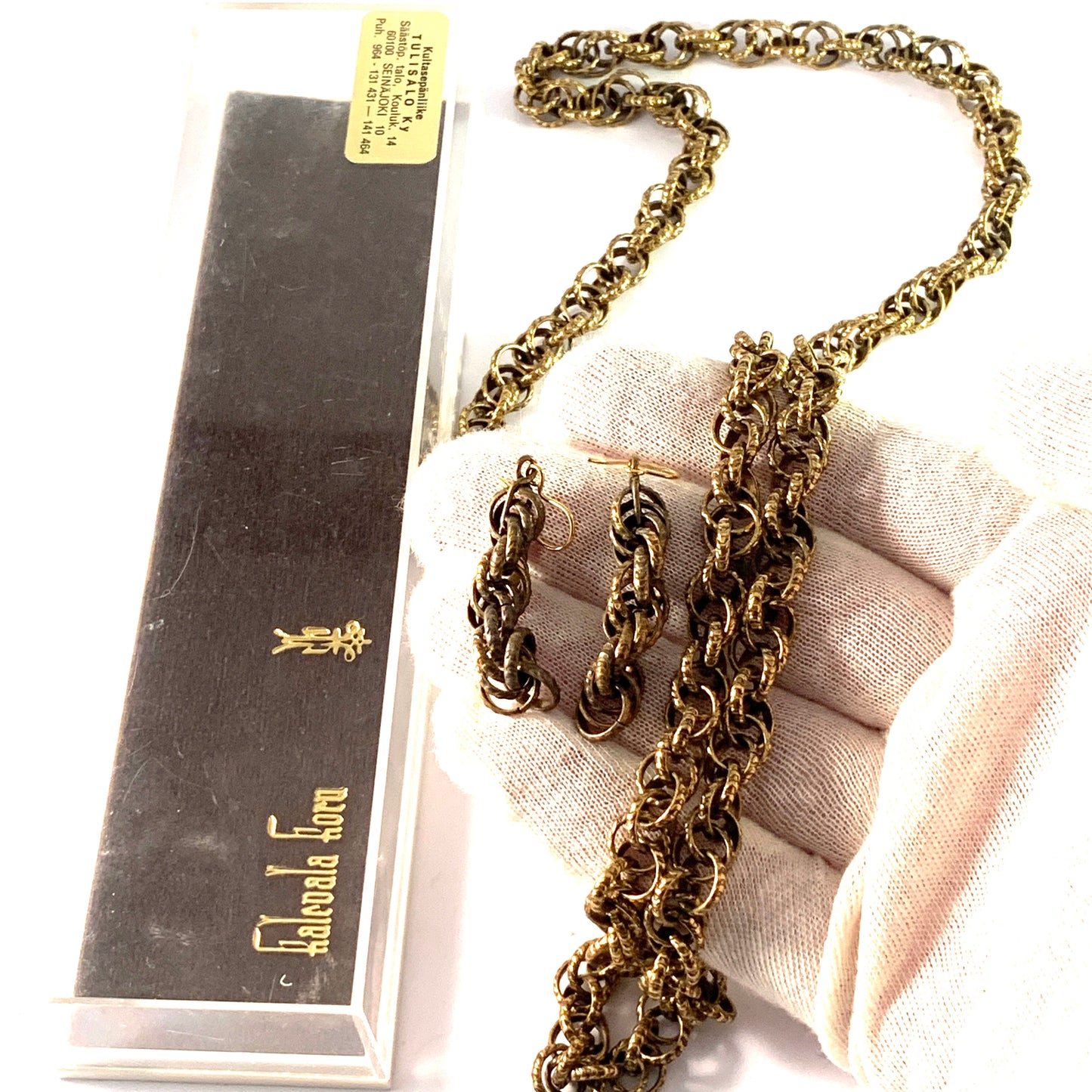 Kalevala Koru, Finland 1970s. Long Necklace and Earrings. Bronze. Boxed.