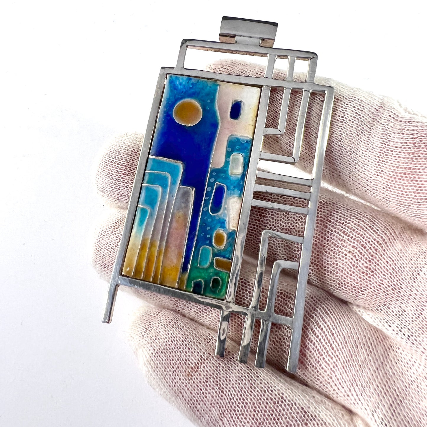 Israel Large Vintage Sterling Silver Enamel Pendant.