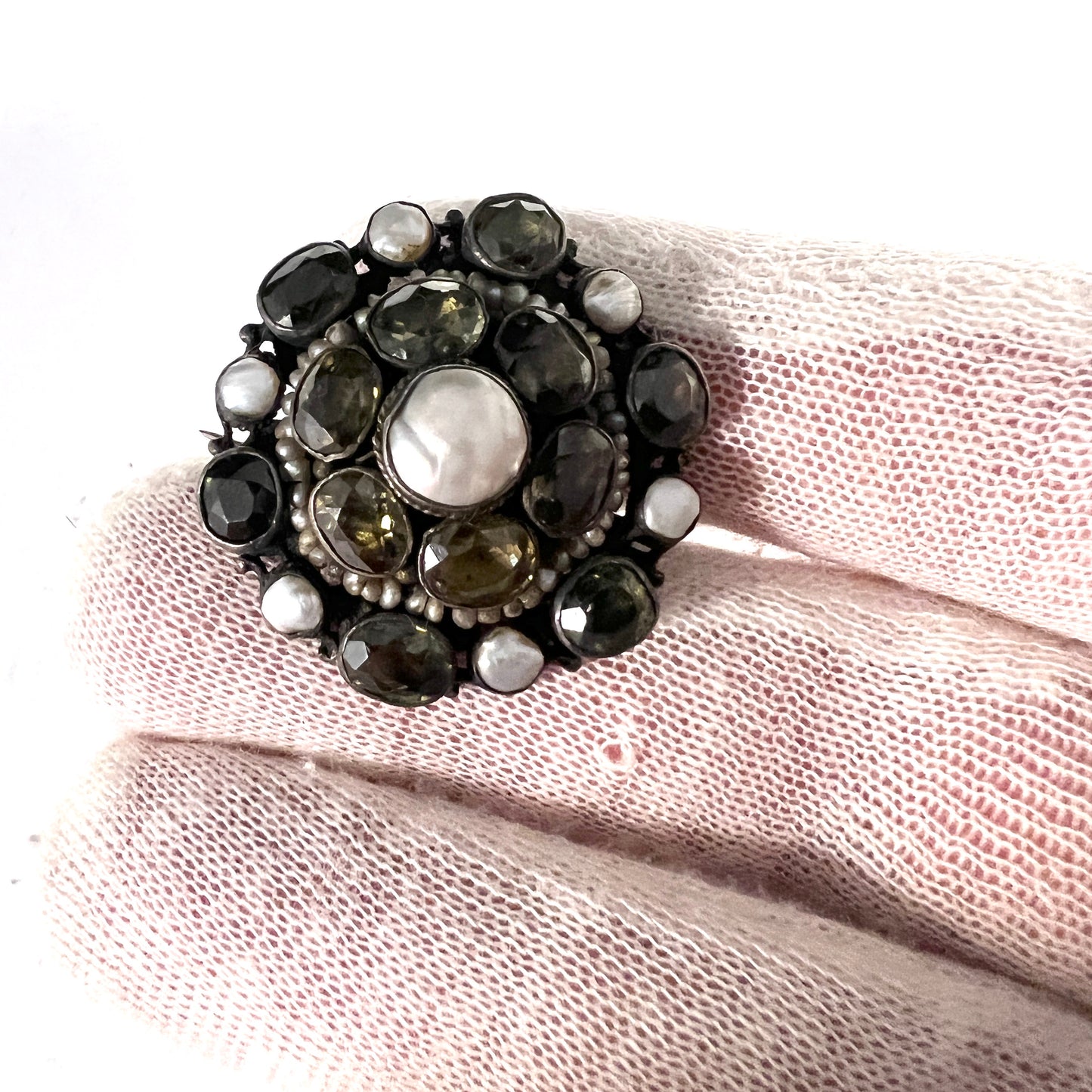 Antique Austro Hungarian Solid Silver Pearl Quartz Brooch.