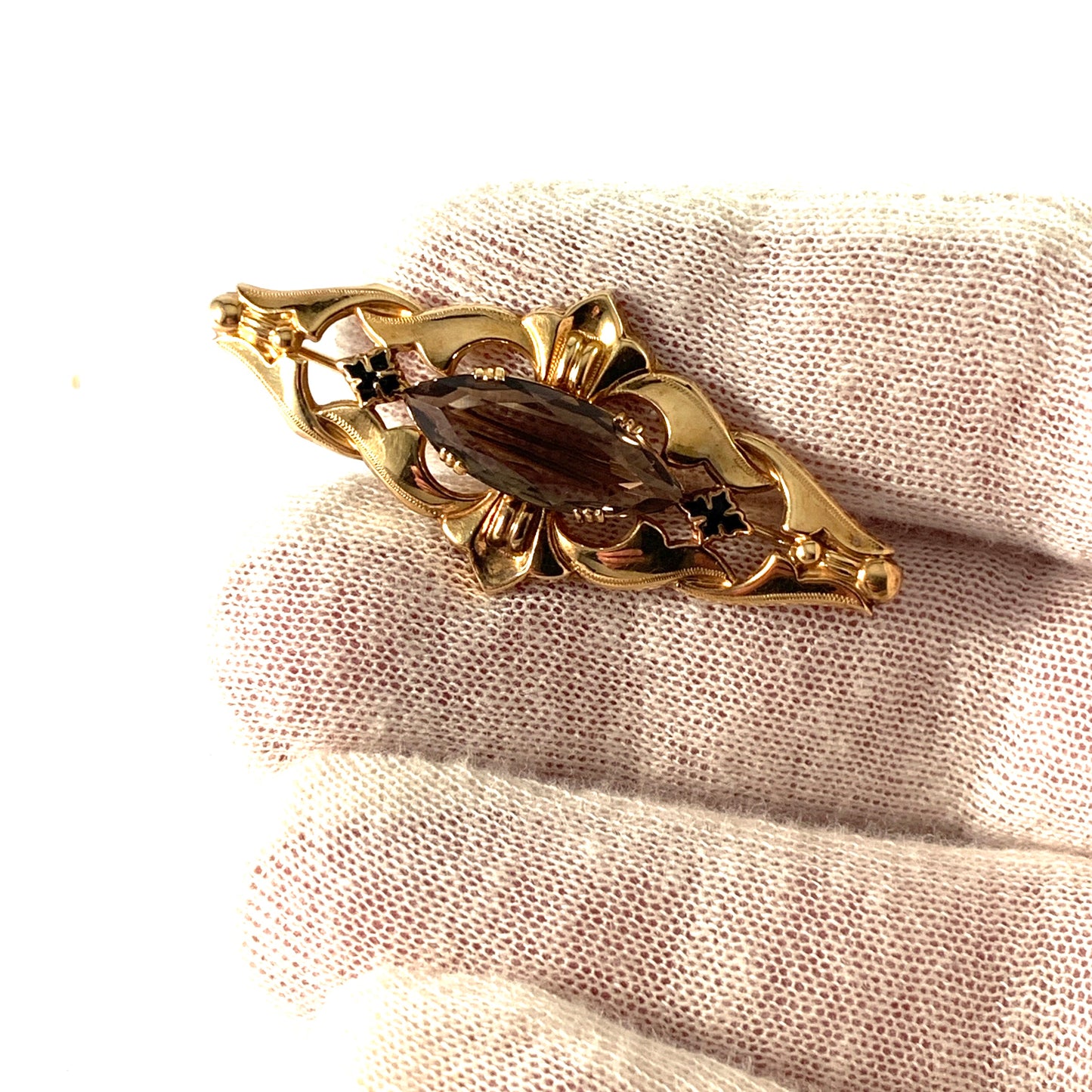 Antique Edwardian 18k Gold Quartz Enamel Brooch.