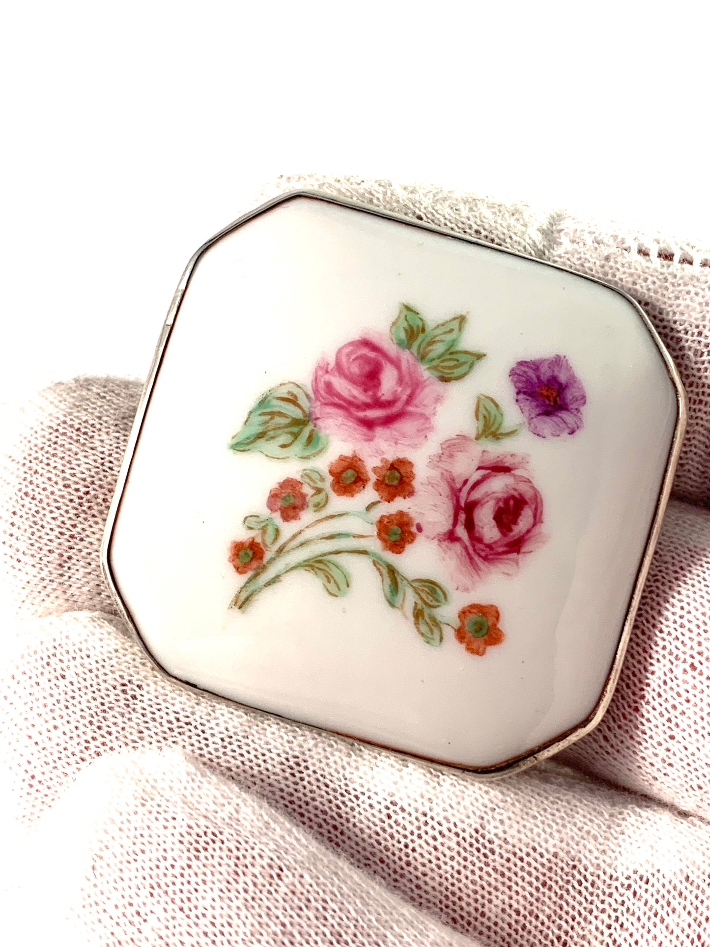 Kaplan, Sweden 1955 Vintage Mid Century Sterling Painted Porcelain Floral Rose Brooch.