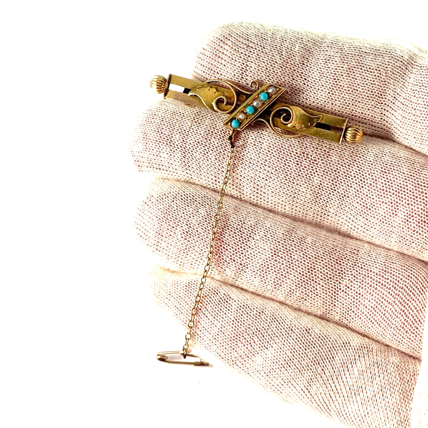 チェスター 1886 ビクトリア朝 15k ゴールド ターコイズ シード パール ブローチ