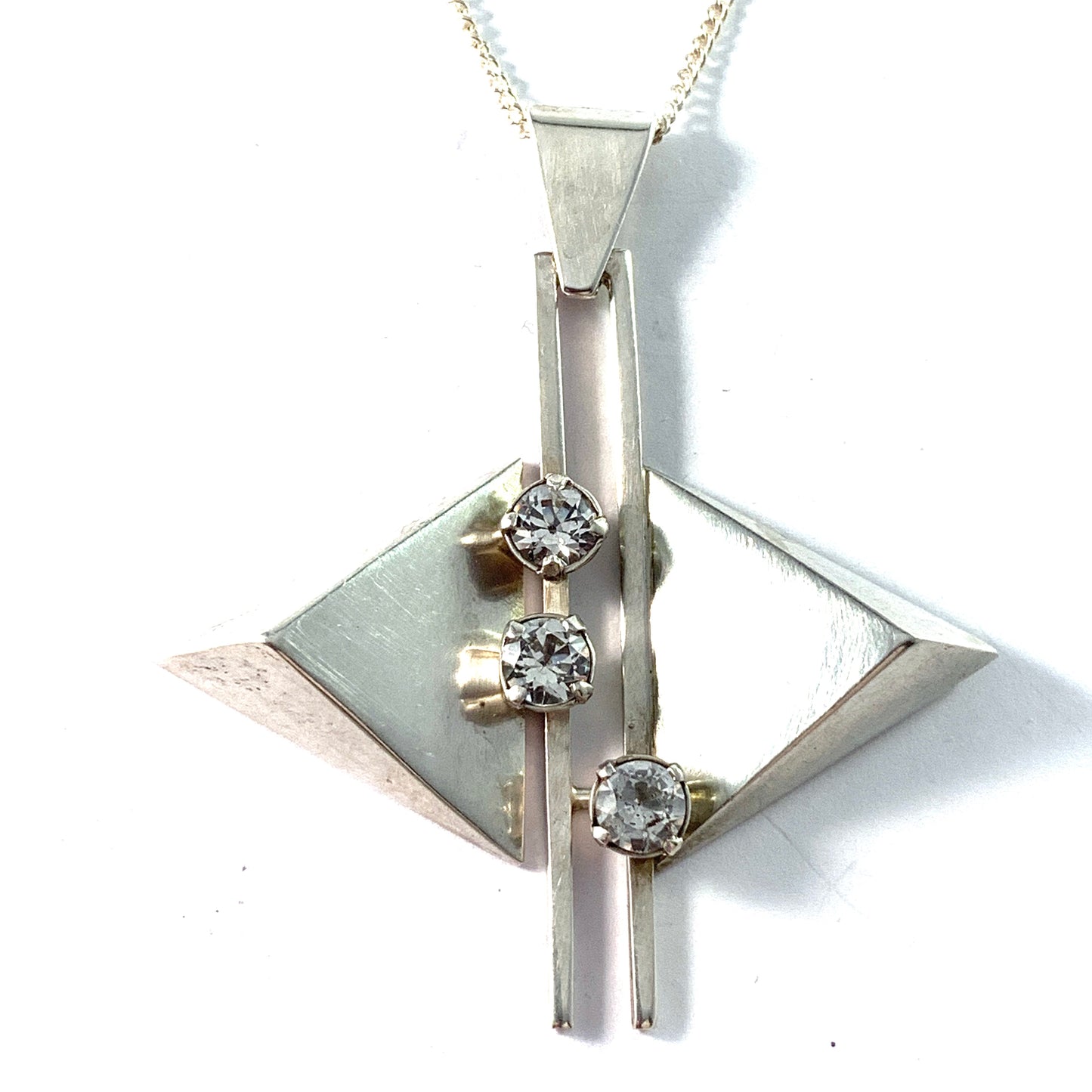 Kaplan, Stockholm 1966. Modernist Sterling Silver Rock Crystal Pendant Plus Chain