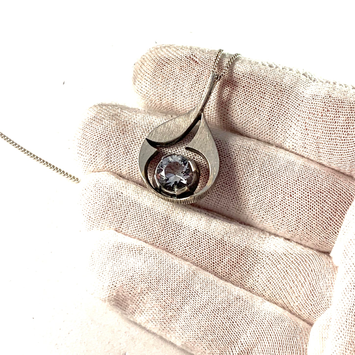 Karl Laine, Finland Vintage Sterling Silver Rock Crystal Pendant Long Chain Necklace.