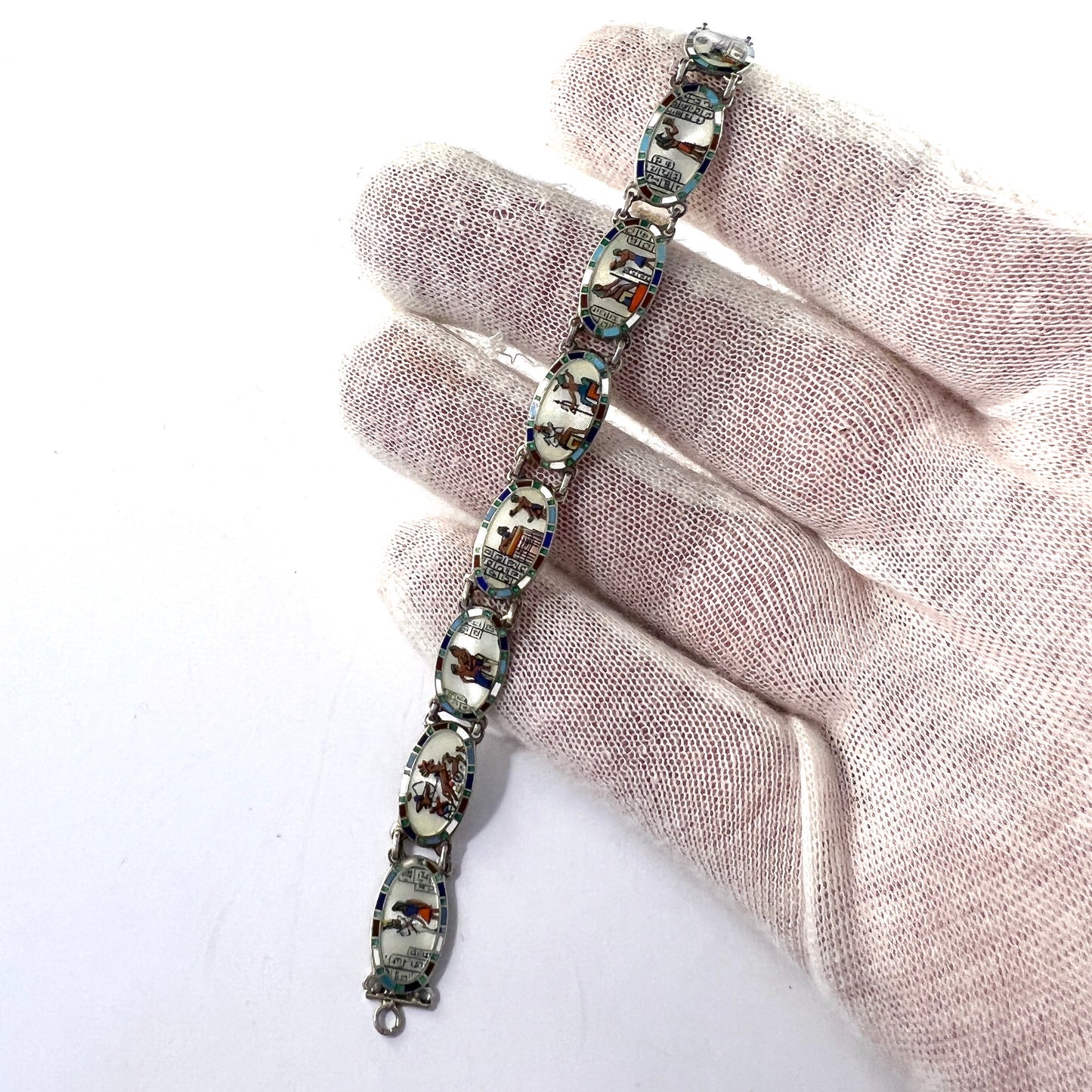 1920-30s Egyptian Revival 900 Silver Enamel Bracelet. Prob Austria.