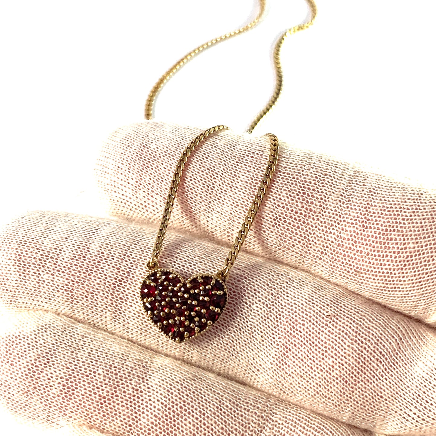 Vintage Mid Century Gilt Sterling Silver Bohemian Garnet Heart Pendant Necklace.