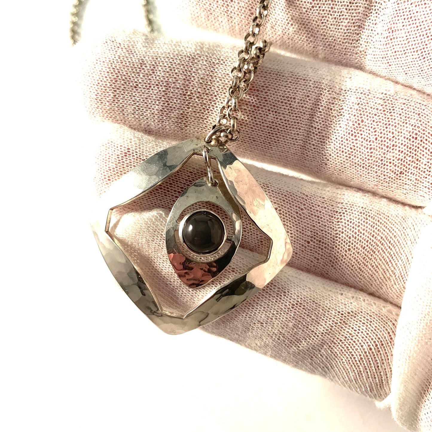 Westlund, Sweden 1970 Hand Hammered Sterling Silver Dark Grey Hardstone Pendant Necklace.