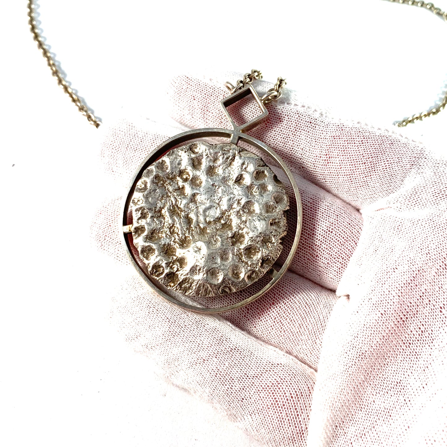 Oehmke, Sweden 1967 Space Age Sterling Silver Moon Surface Pendant Necklace. Unique, No 1.