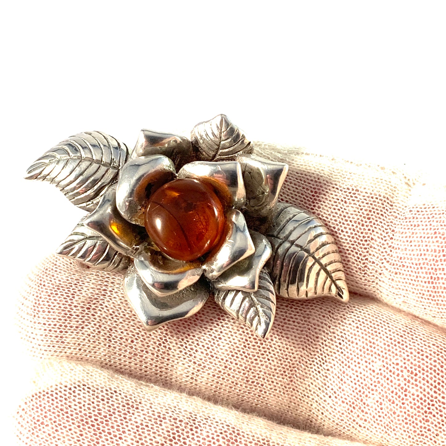 S Sandek, Denmark. Vintage Heavy Sterling Silver Amber Brooch.