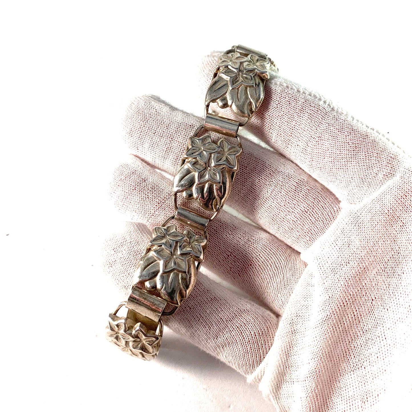 Hugo Grun、ストックホルム ヴィンテージ 1948 スターリング シルバー フローラル リンク ブレスレット。