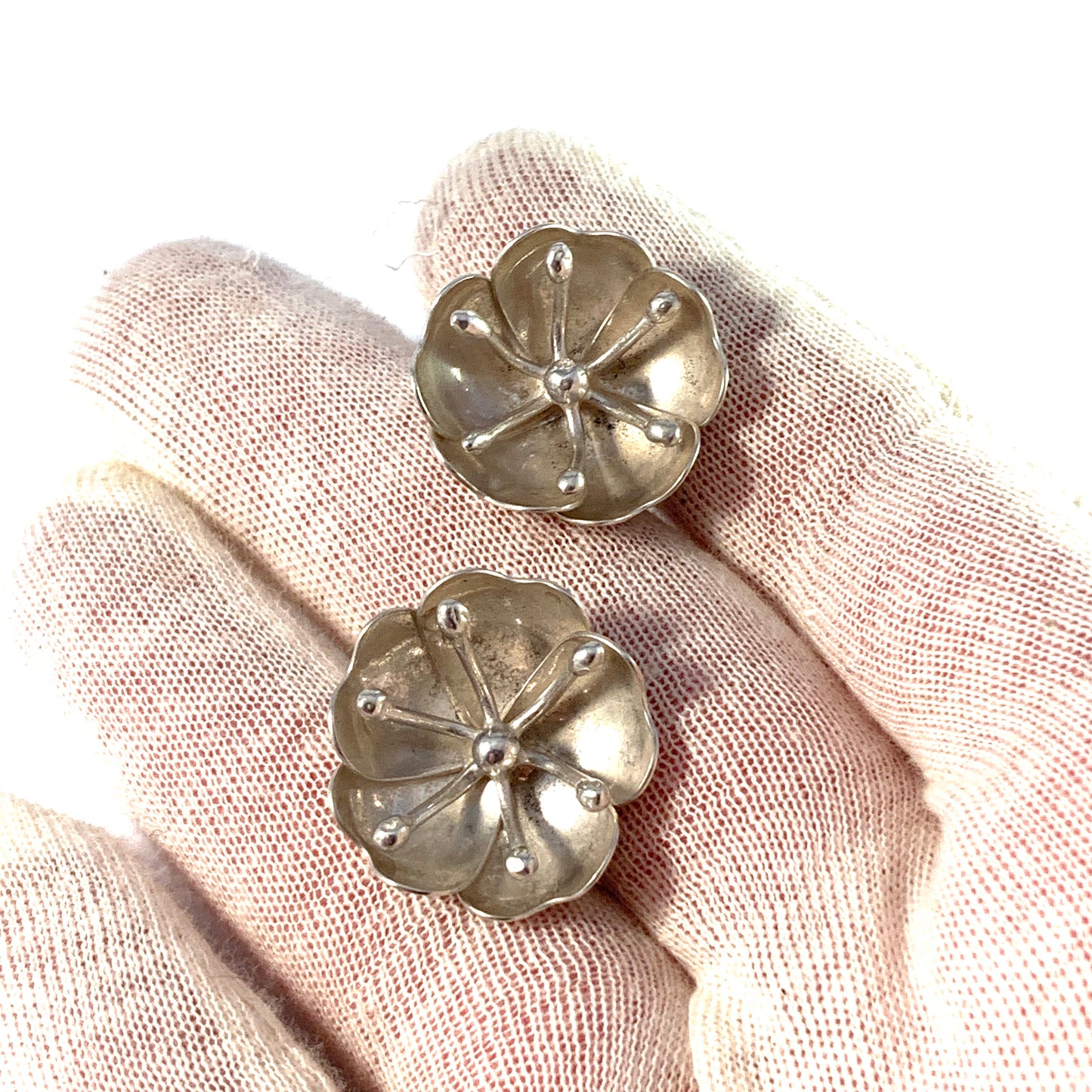 Peter Von Post, Stockholm 1970s. Sterling Silver Large Flower Earrings.