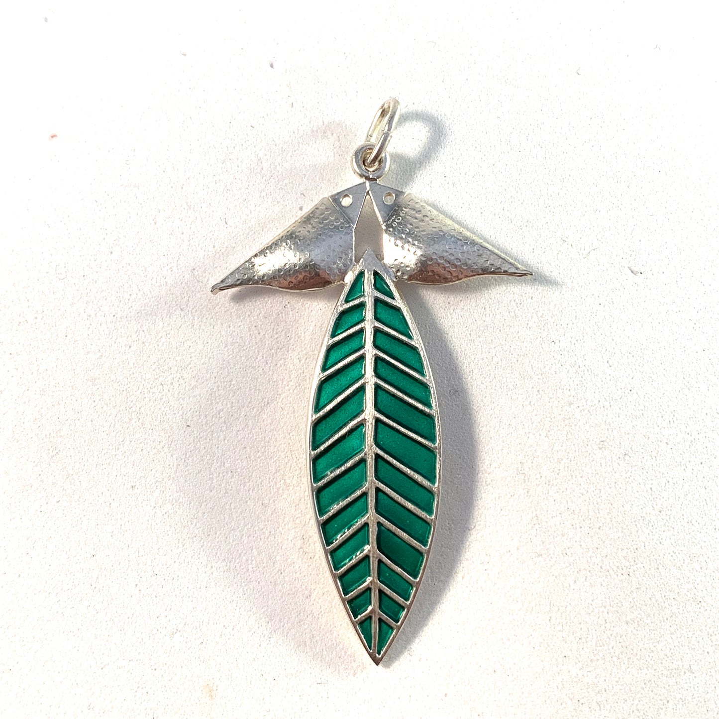 Konrad Mehus for David Andersen Norway Vintage Sterling Silver Green Enamel Love Birds Leaf Pendant