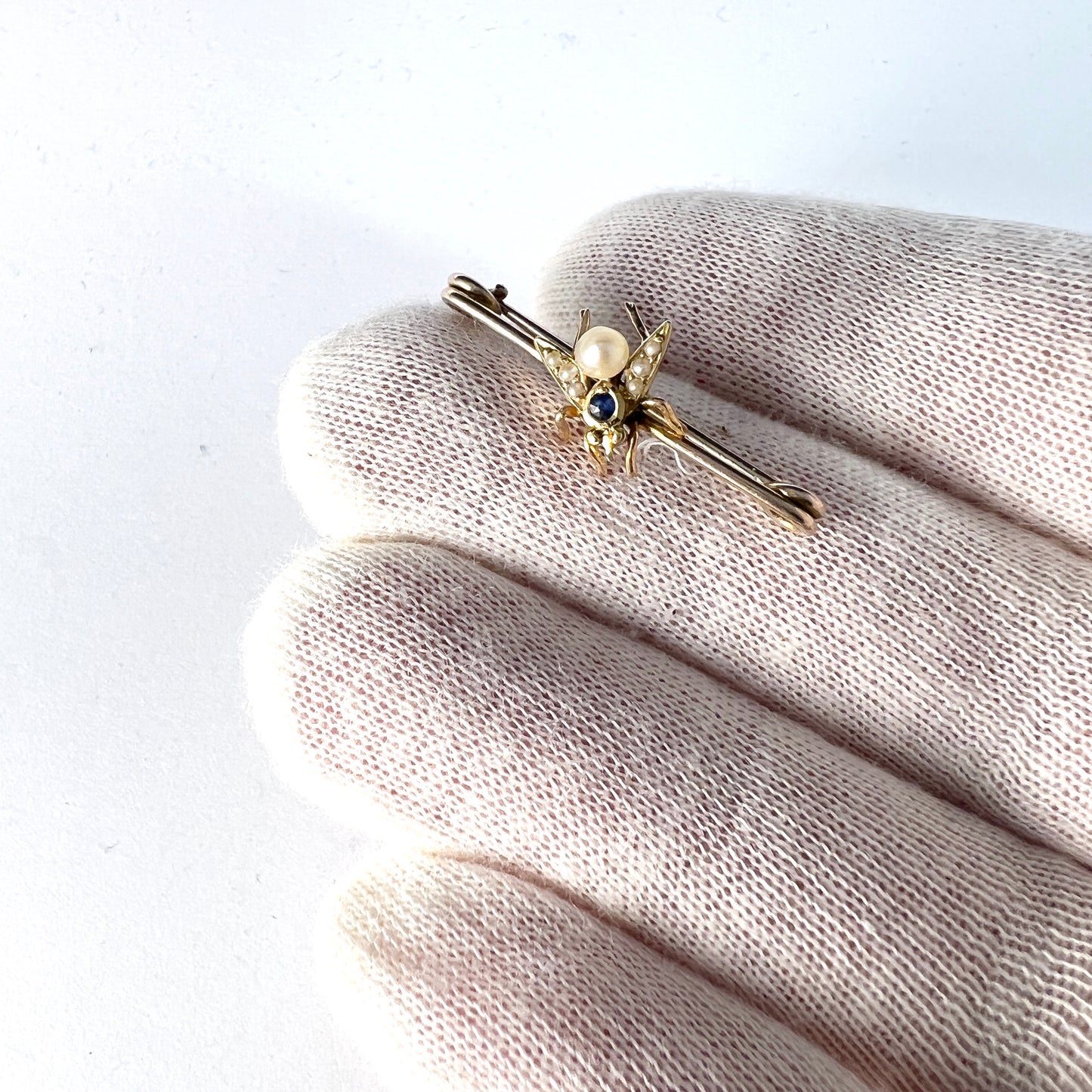 アンティーク エドワード朝 10-12k ゴールド サファイア パール フライ セーフティ ピン