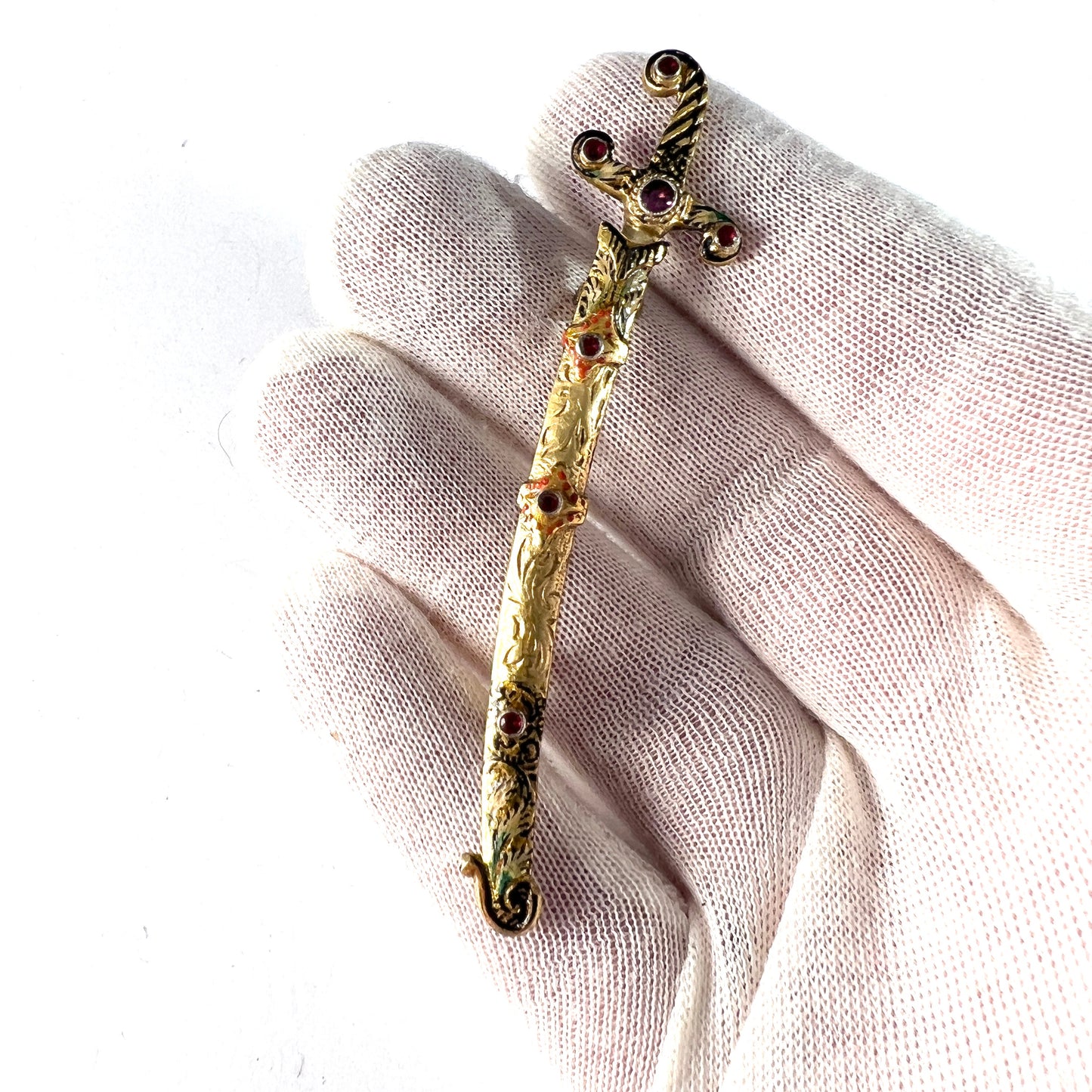 Antique early 1900s. 835 Silver Synthetic Sapphire Enamel Sword Brooch.