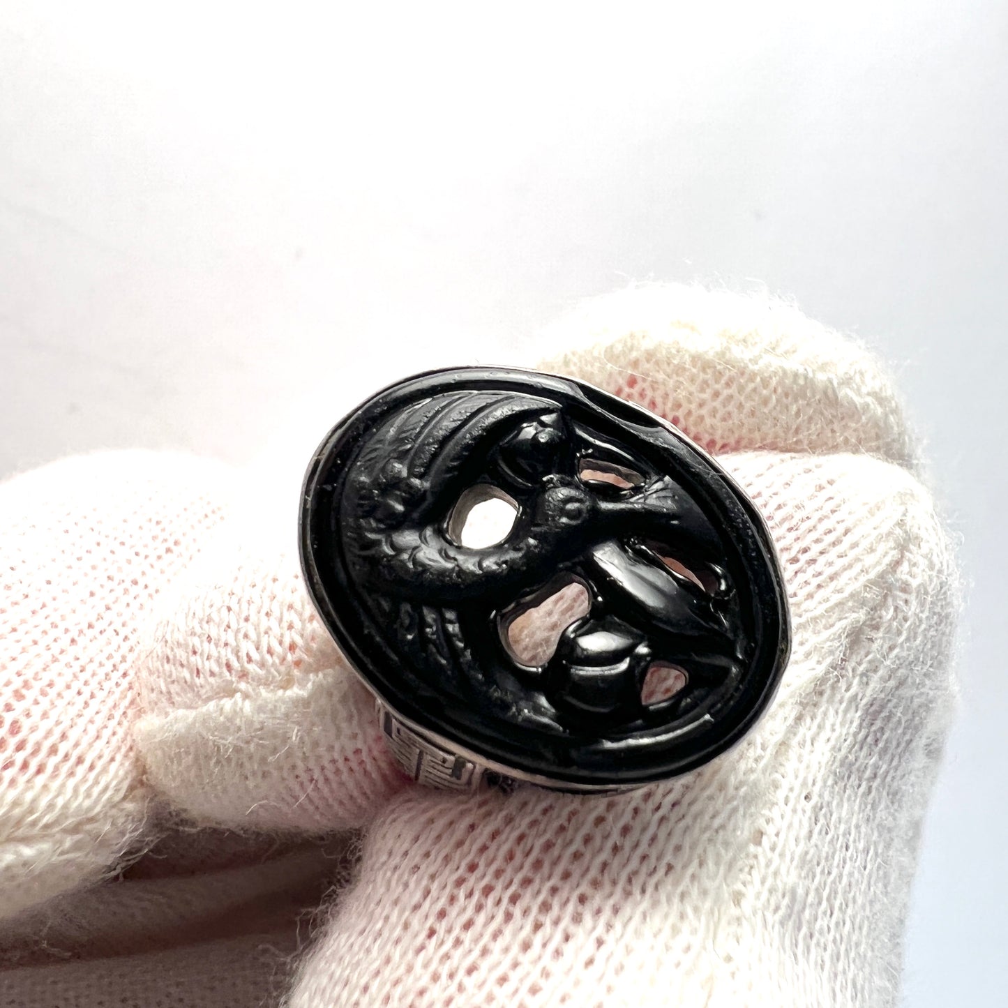 Vintage c 1950s. Sterling Silver Carved Black Jade Ring. Possibly Japan.