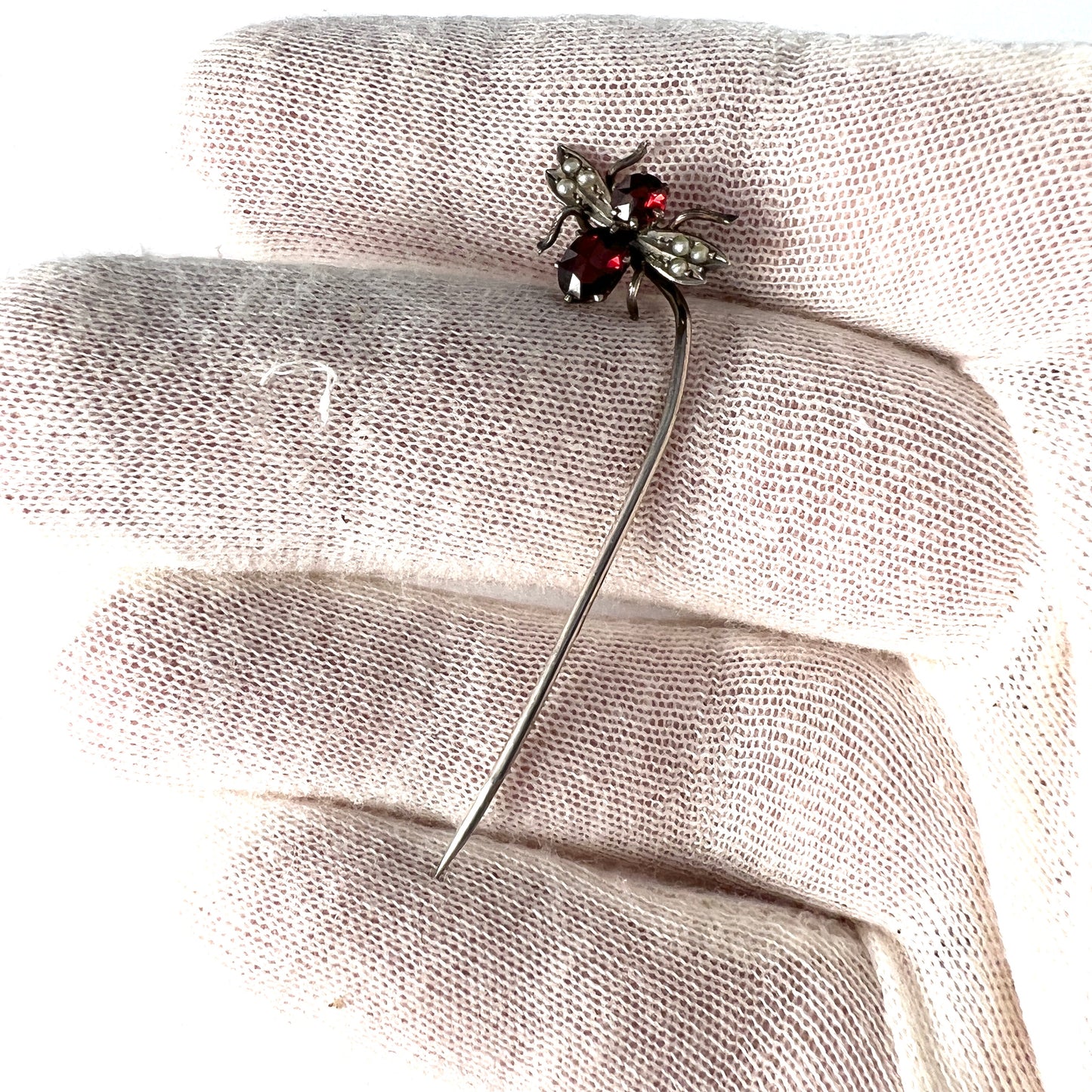 Sweden. Antique Victorian Solid Silver Garnet Seed Pearl Insect Pin.