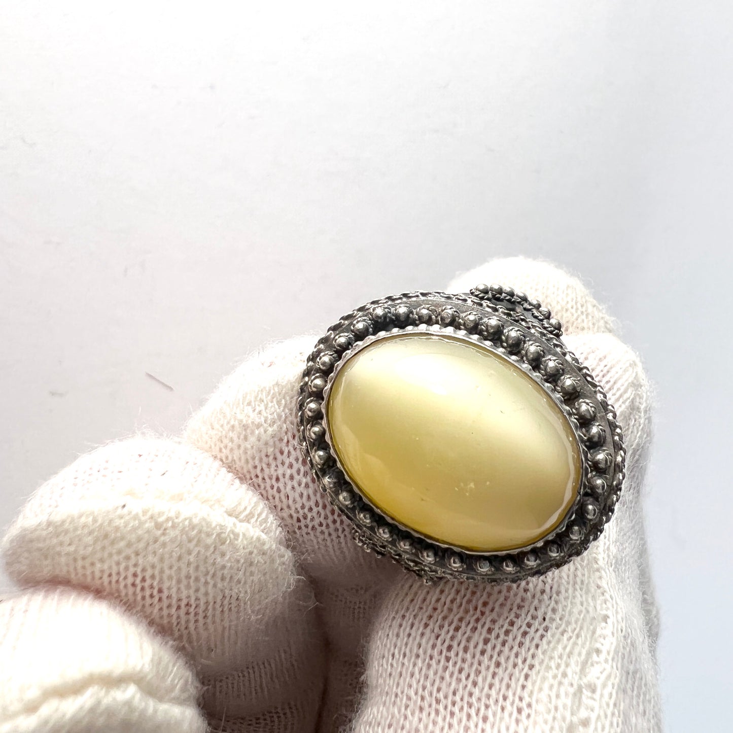 Portugal 1940s. Vintage 833 Silver Yellow Art Glass Cocktail Ring.