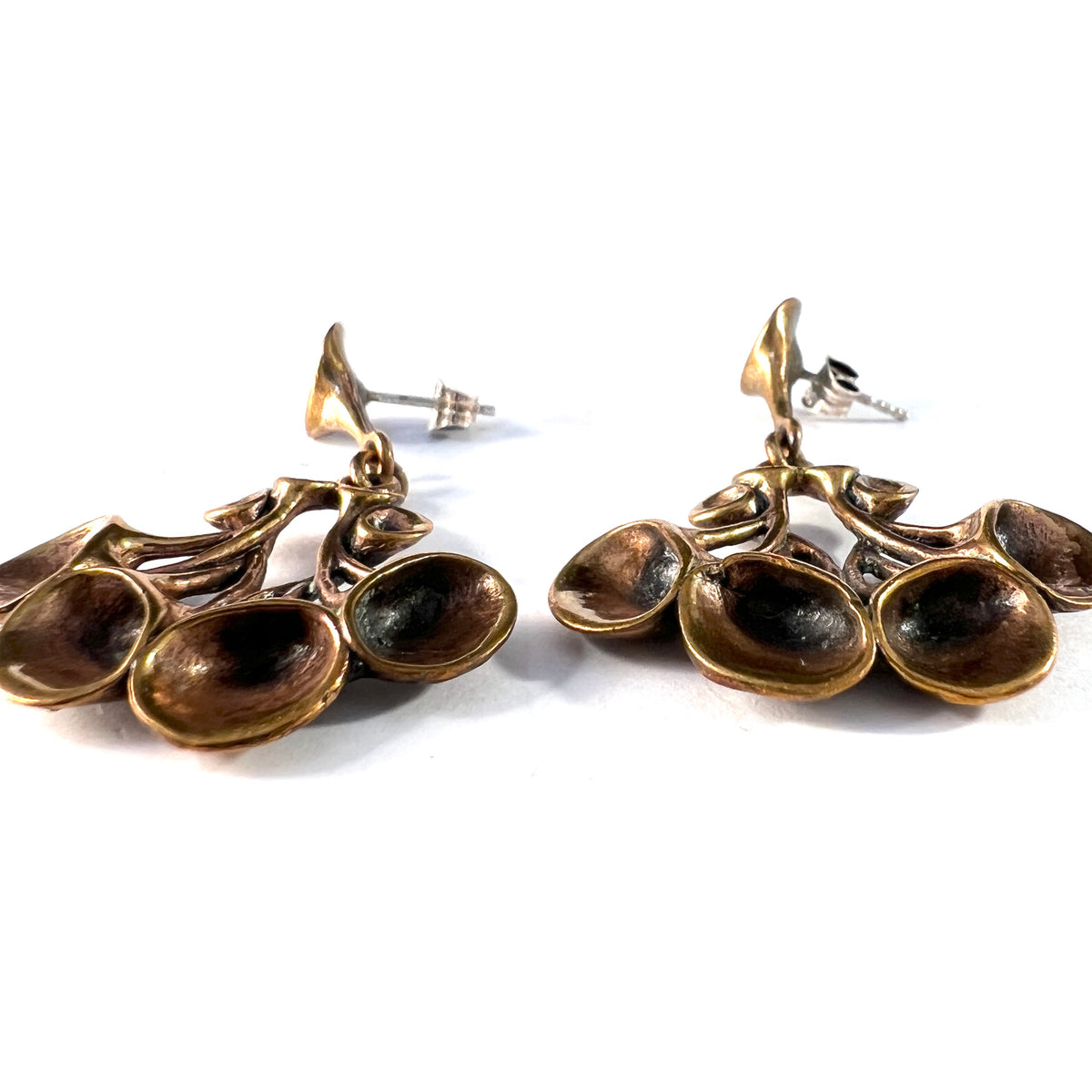 Hannu Ikonen Finland 1970s Large Reindeer Moss Design Bronze Silver Earrings.
