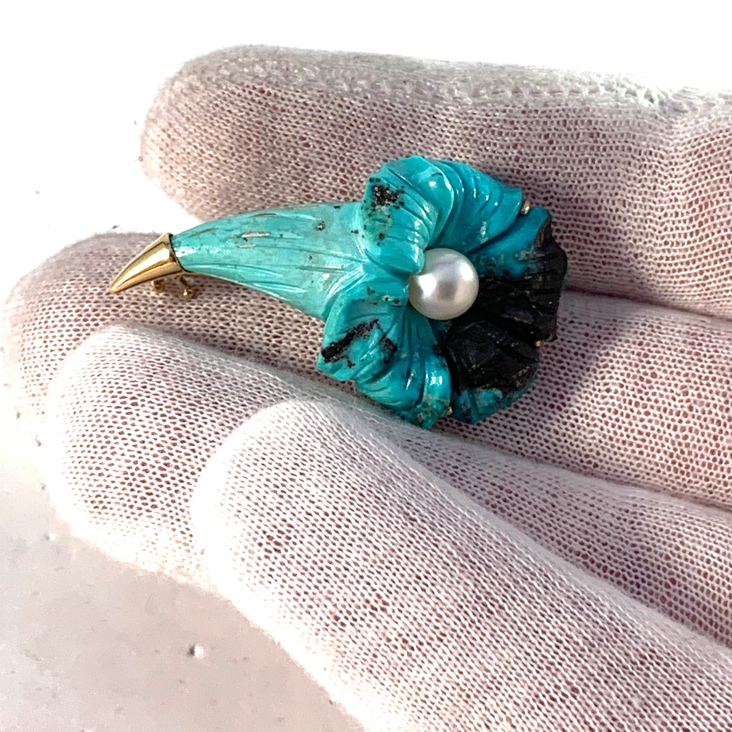 M Elmblad Stockholm 1956 Mid Century 18k Gold Carved Turquoise Pearl Flower Brooch.