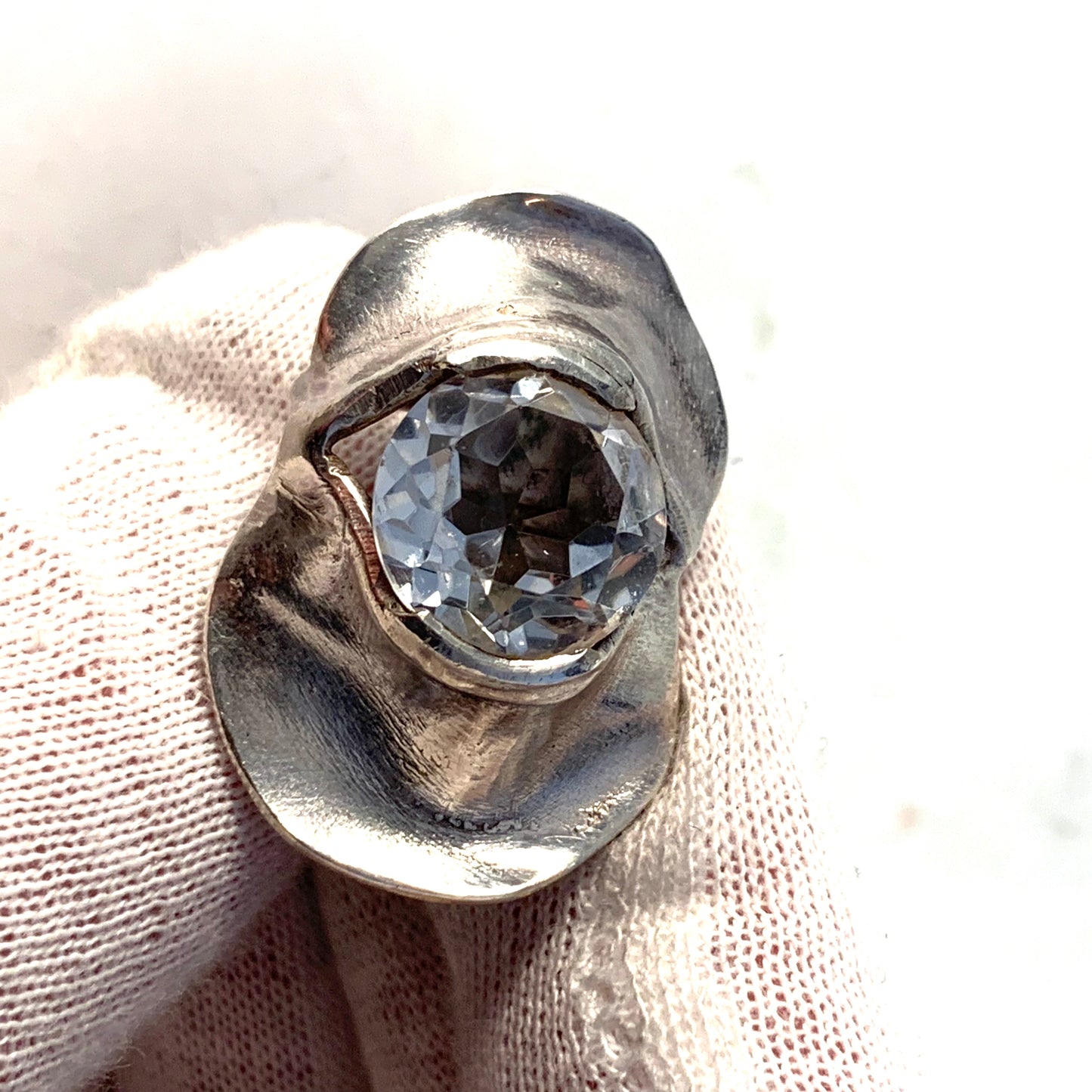 Magnus G:son Liedholm, Sweden 1970s Modernist Sterling Silver Rock Crystal Ring. Signed