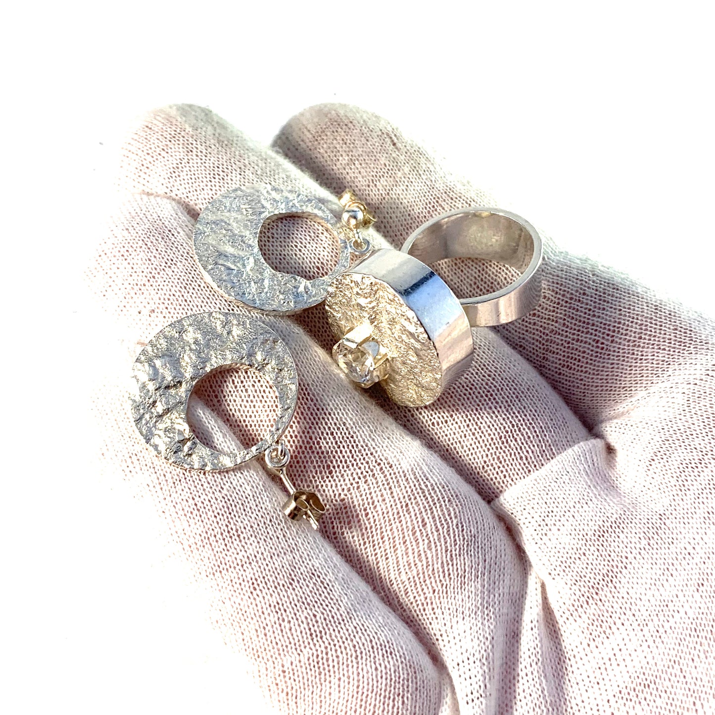 Ceson, Sweden 1969 Space Age Sterling Silver Rock Crystal Ring and Earrings.