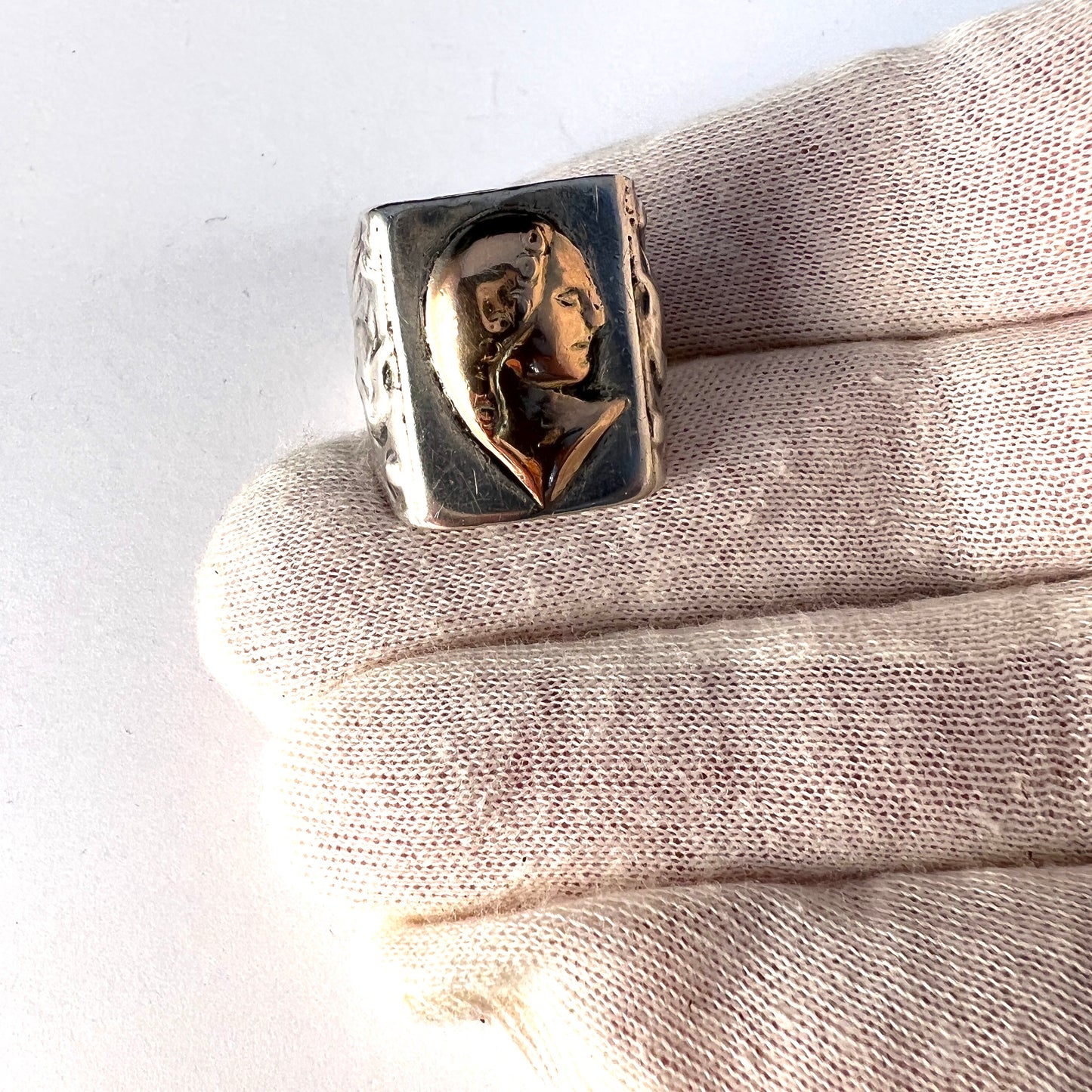 Vintage or Antique Sterling Silver Female Portrait Dragon Shoulders Men's Ring.