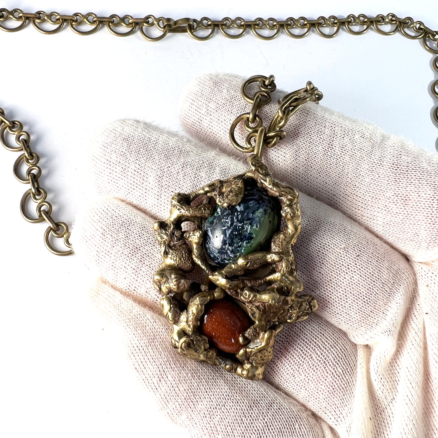 Luciano, Mexico. Vintage Brutalist Bronze Art Glass Pendant Necklace.