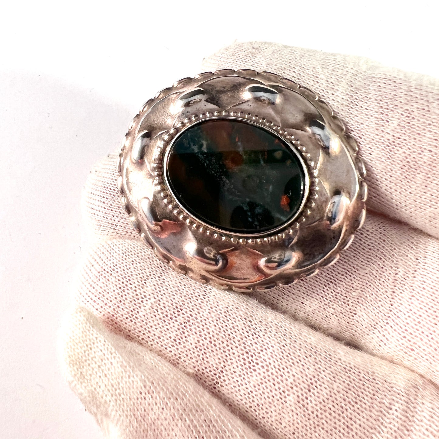 Svedbom, Sweden 1904. Antique Edwardian Solid Silver Bloodstone Brooch.
