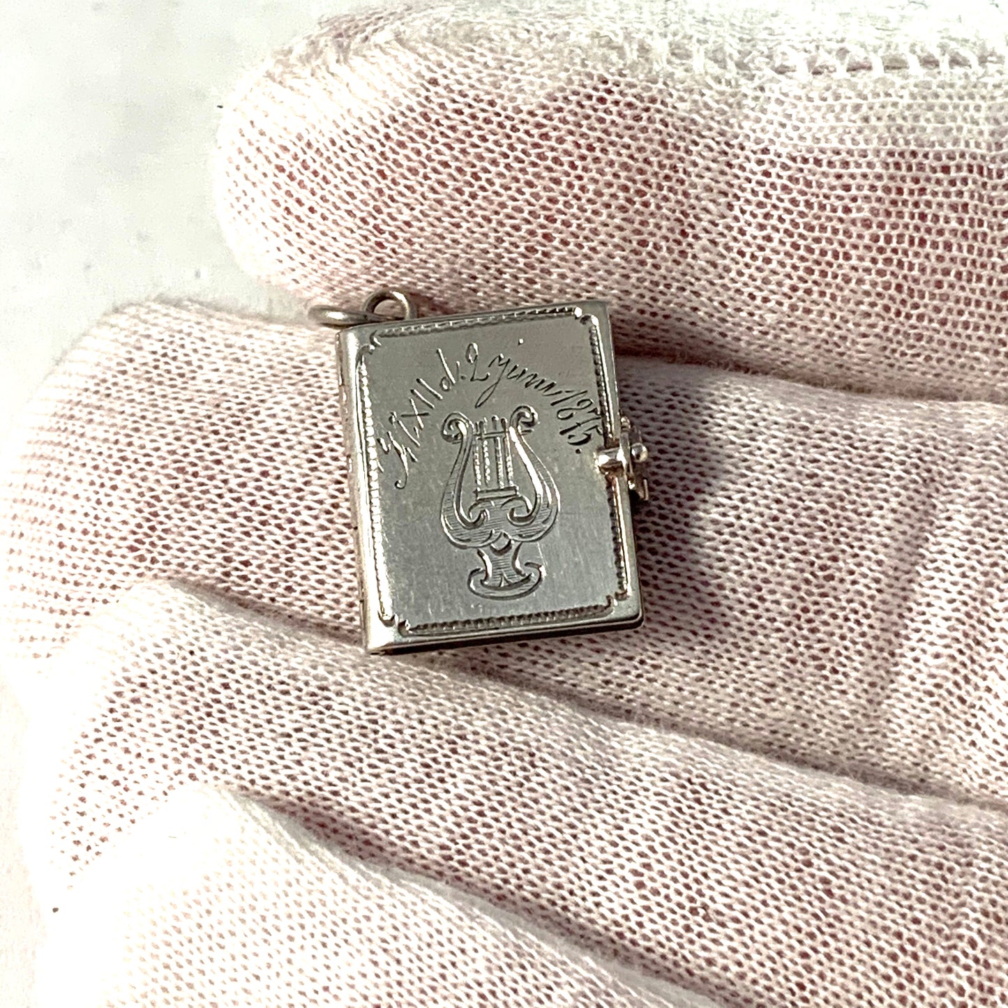 Antique Victorian year 1871 Sterling Silver Book Locket Pendant.