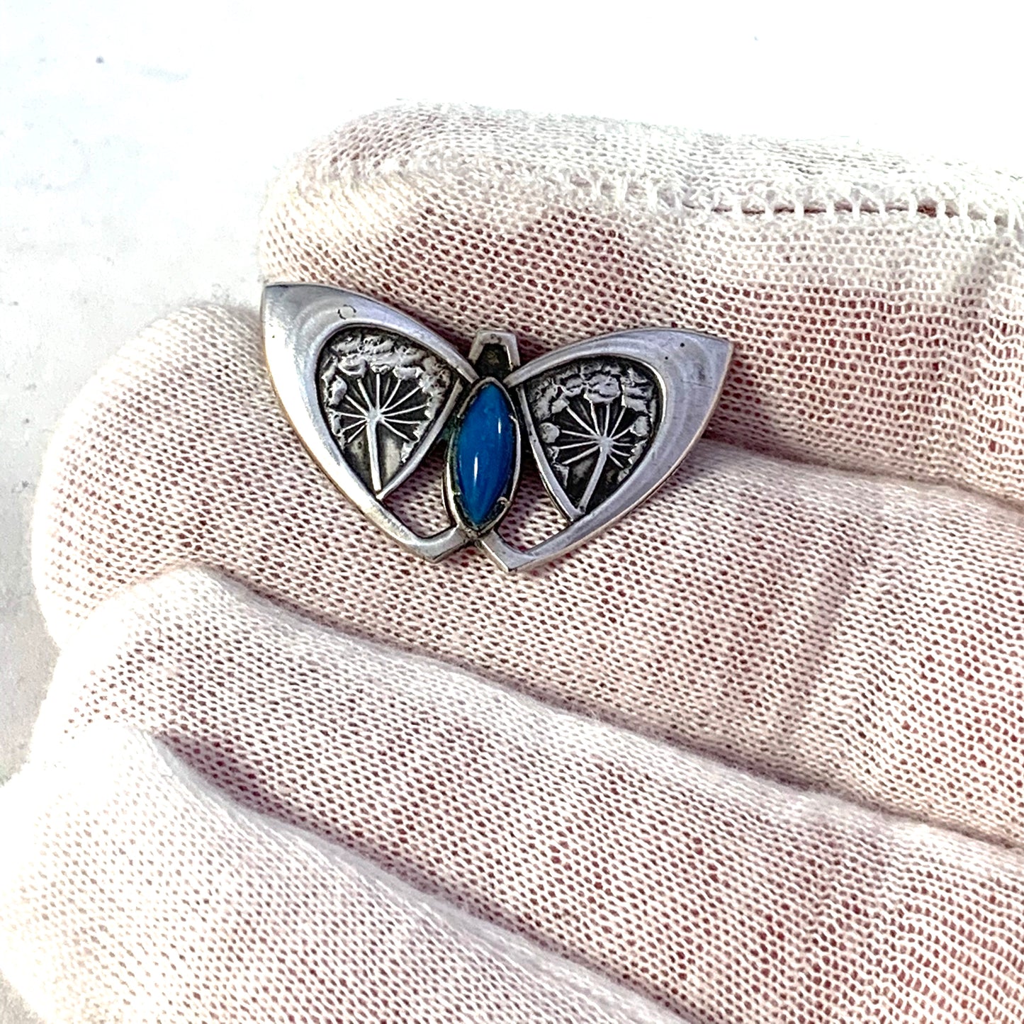 Bernhard Hertz, Denmark. Art Nouveau 830 Silver Butterfly Floral Brooch.