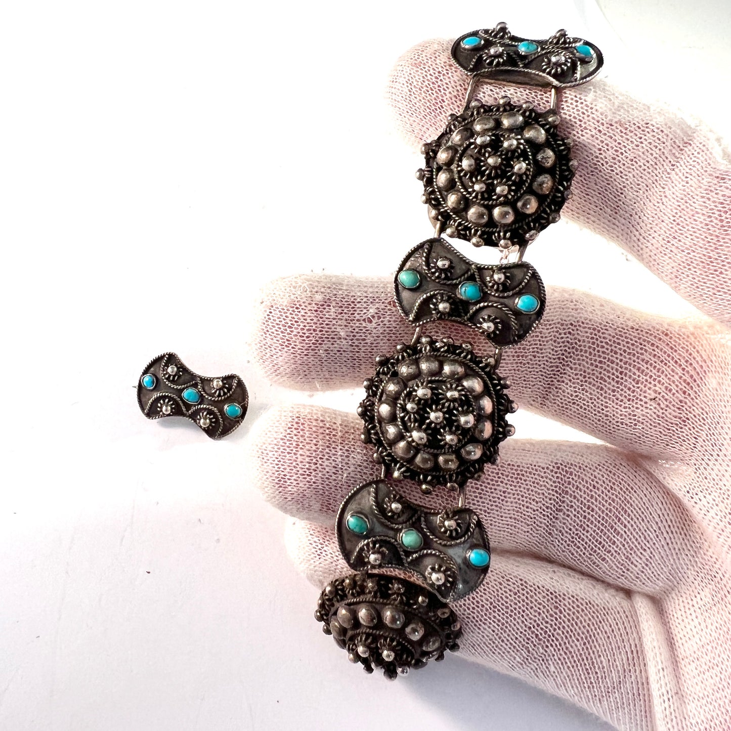 Firenze, Italy 1934-44. Vintage 800 Silver Turquoise Etruscan Revival Bracelet + Brooch