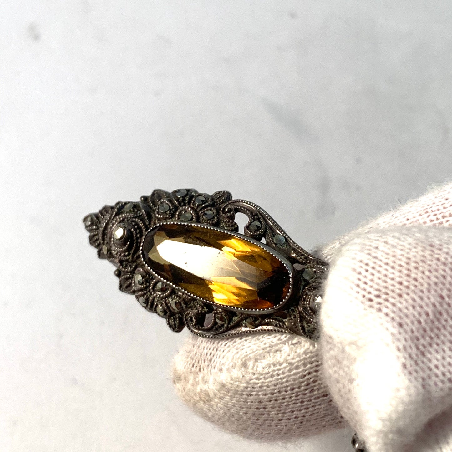 Germany / Austria early 1900s Solid Silver Smoky Quartz Marcasite Necklace.