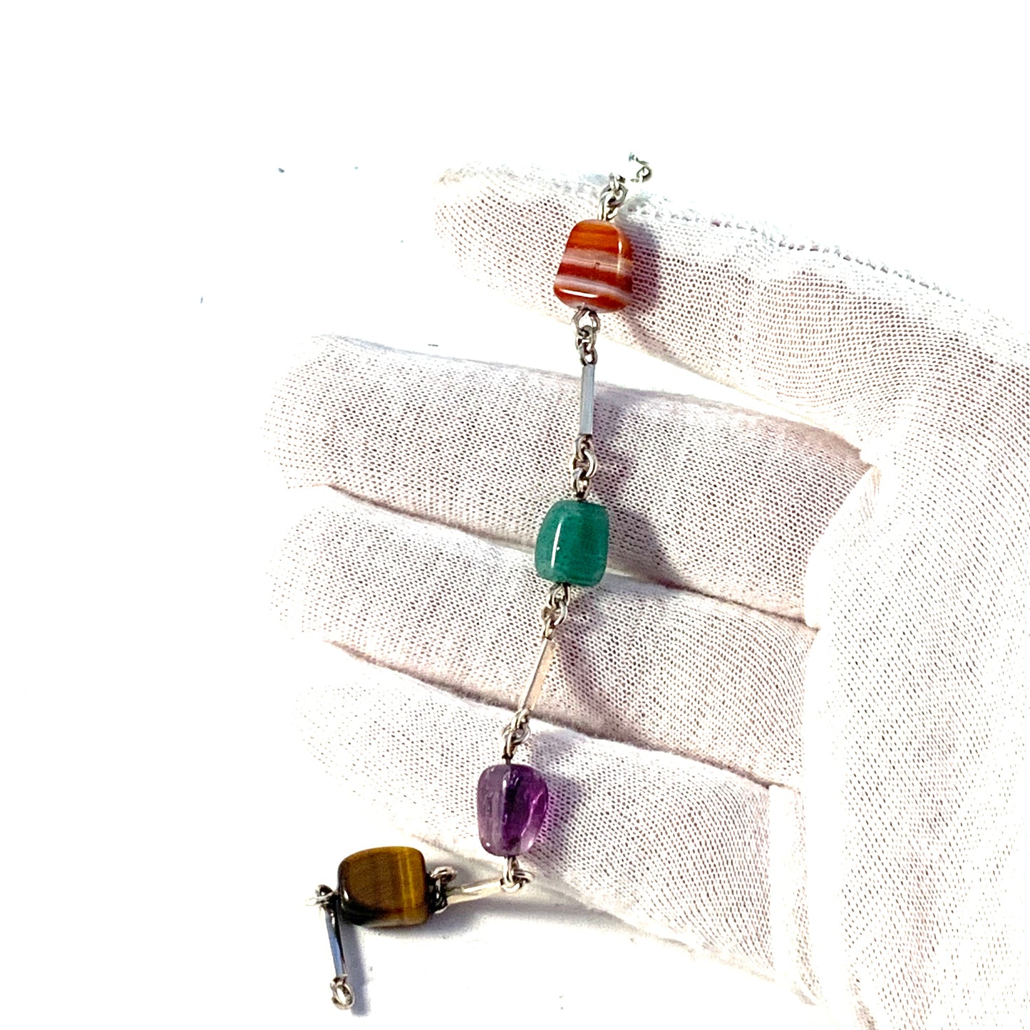 GUSSI, Sweden 1959 Sterling Silver Tiger-Eye Agate Amethyst Aventurine Bracelet.