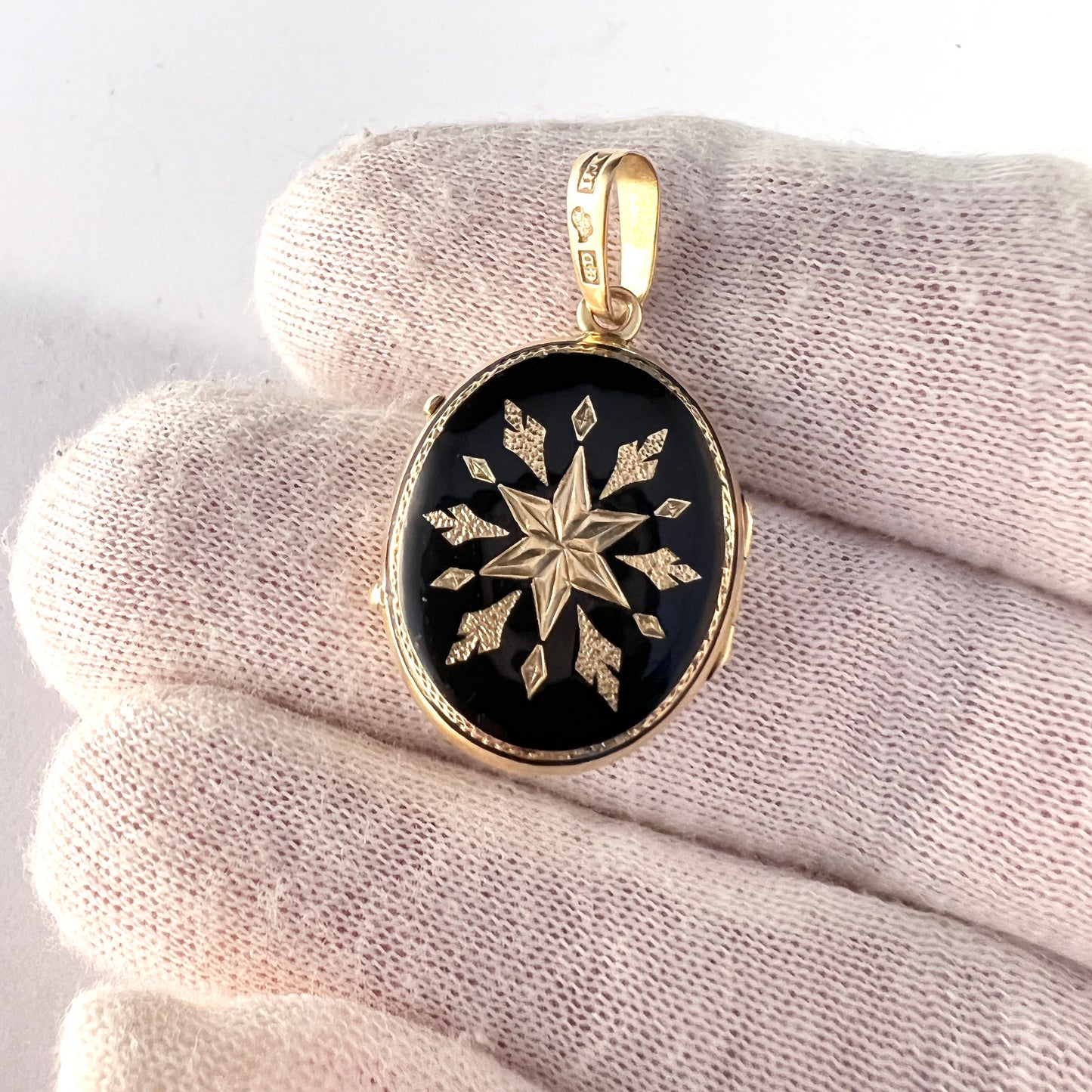 G Dahlgren, Sweden 1868. Victorian 18k Gold Enamel Rose Cut Diamonds Locket Pendant.