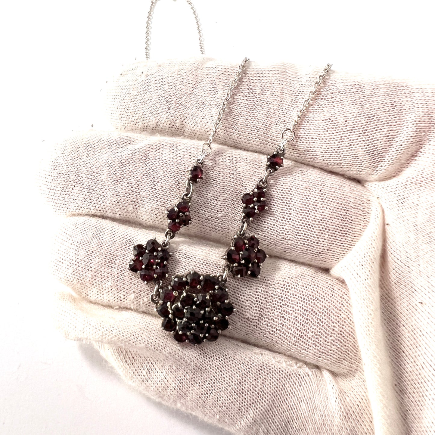 Vintage Mid-Century Bohemian Garnet Cluster 835 Silver Necklace.