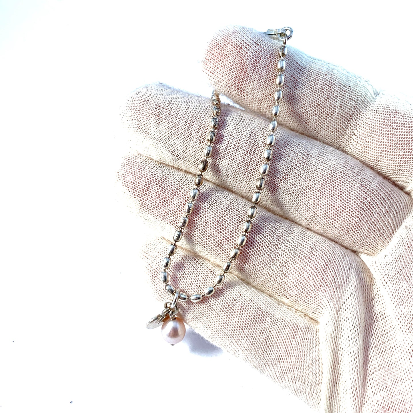 Kalevala Koru, Finland. Vintage Sterling Silver Cultured Pink Pearl Heart Bracelet.