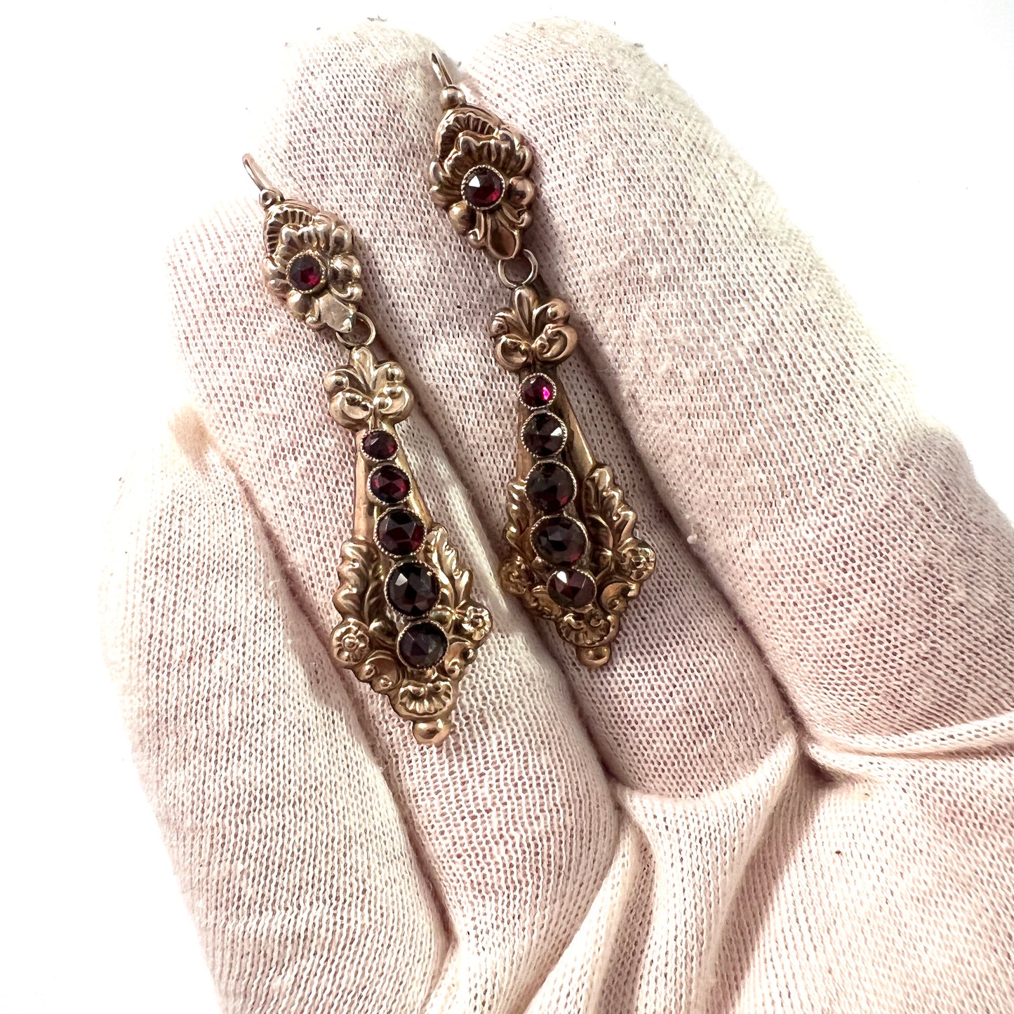 Antique Victorian 12k Gold Garnet Day Night Earrings. Hallmarked.