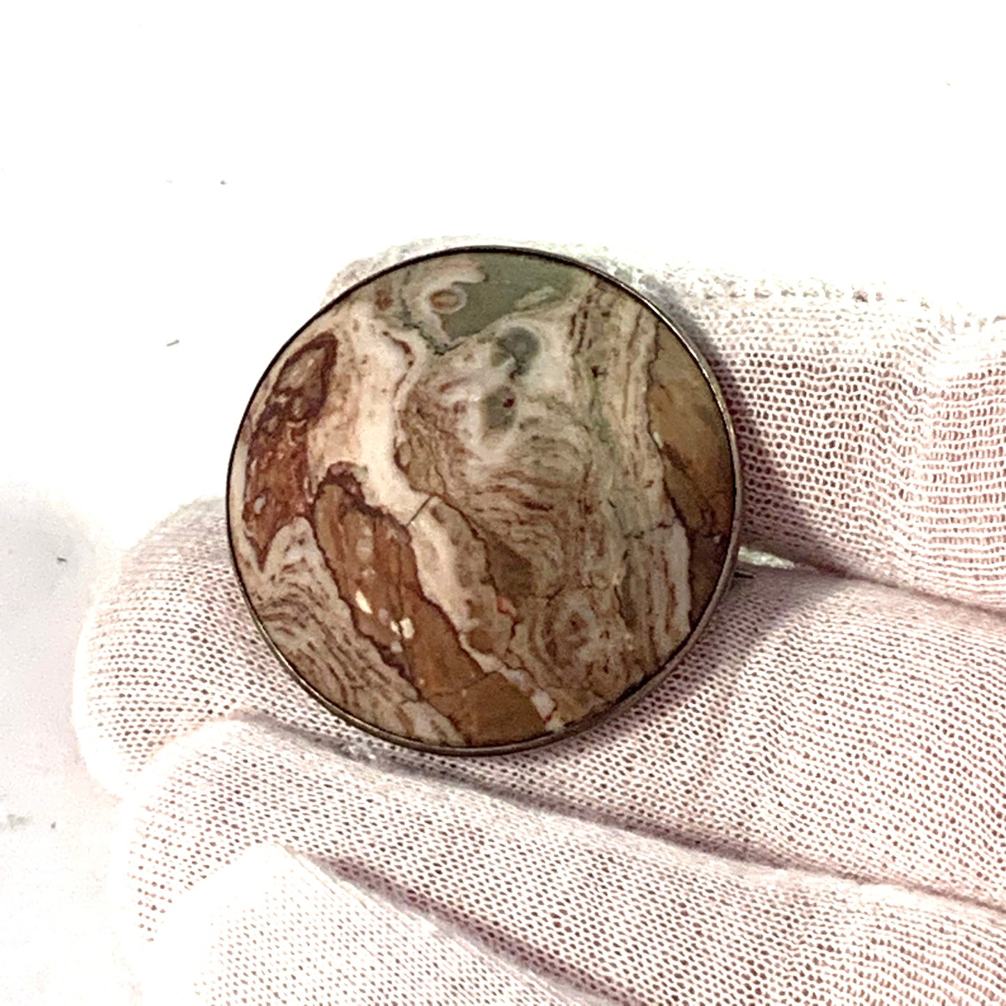 Sweden year 1864 Antique Solid Silver Limestone Brooch.