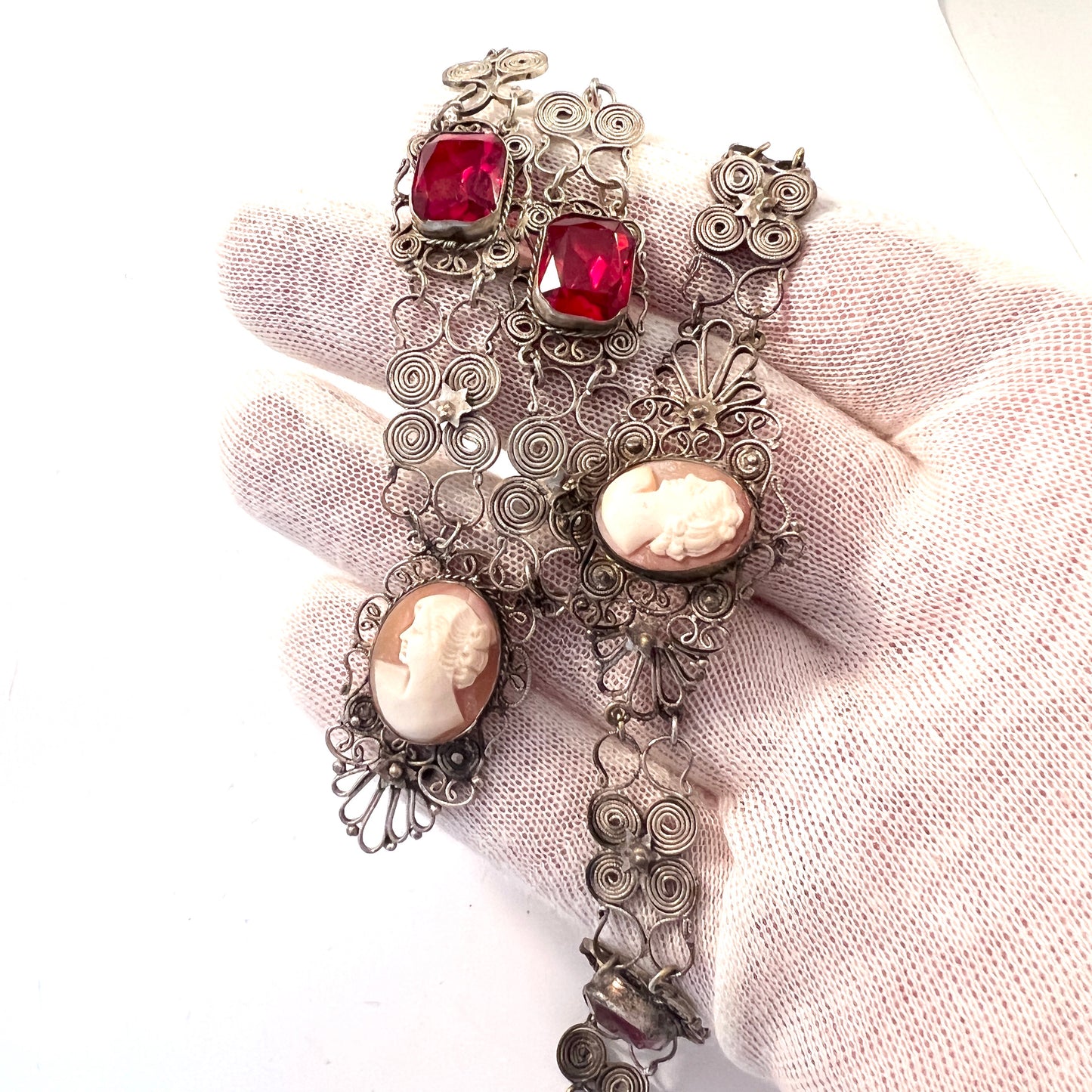 Italy Early 1900s Silver Plated 800 Silver Cameo Paste Necklace and Bracelet.