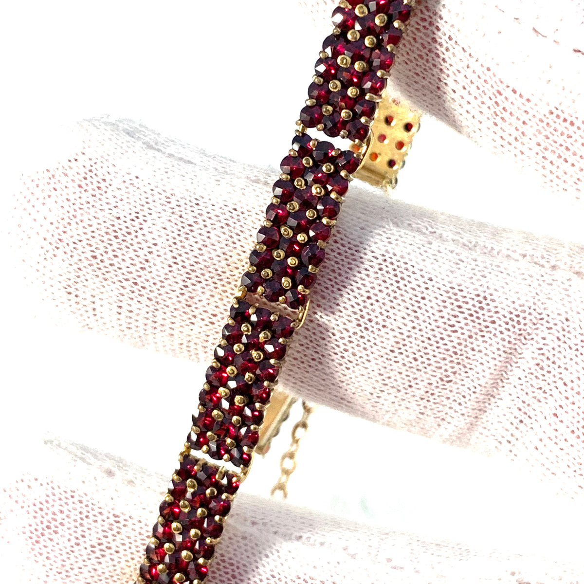 Marked Czechoslovakia, early 1900s Garnet Gilt Metal Bracelet.