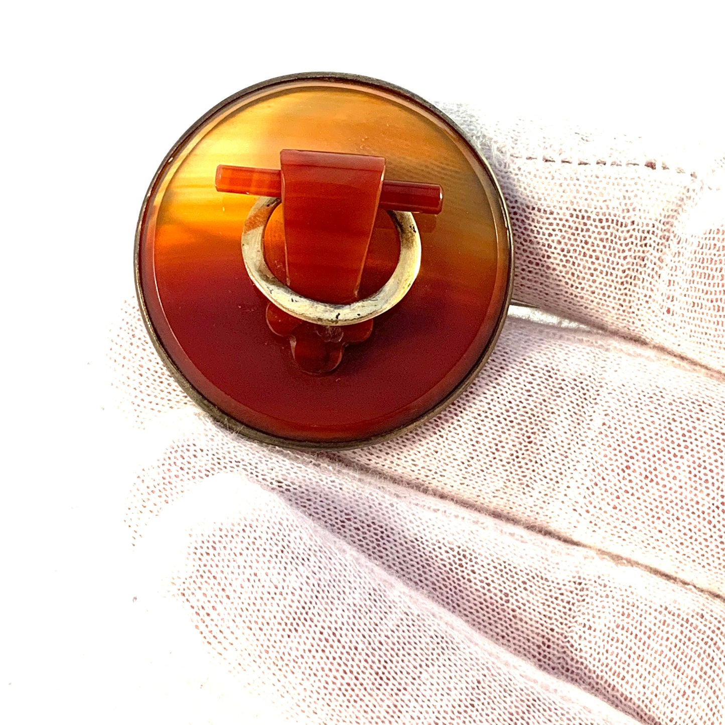 Nils Dahlström, Sweden year 1916 Antique Silver Gold Carved Agate Brooch.