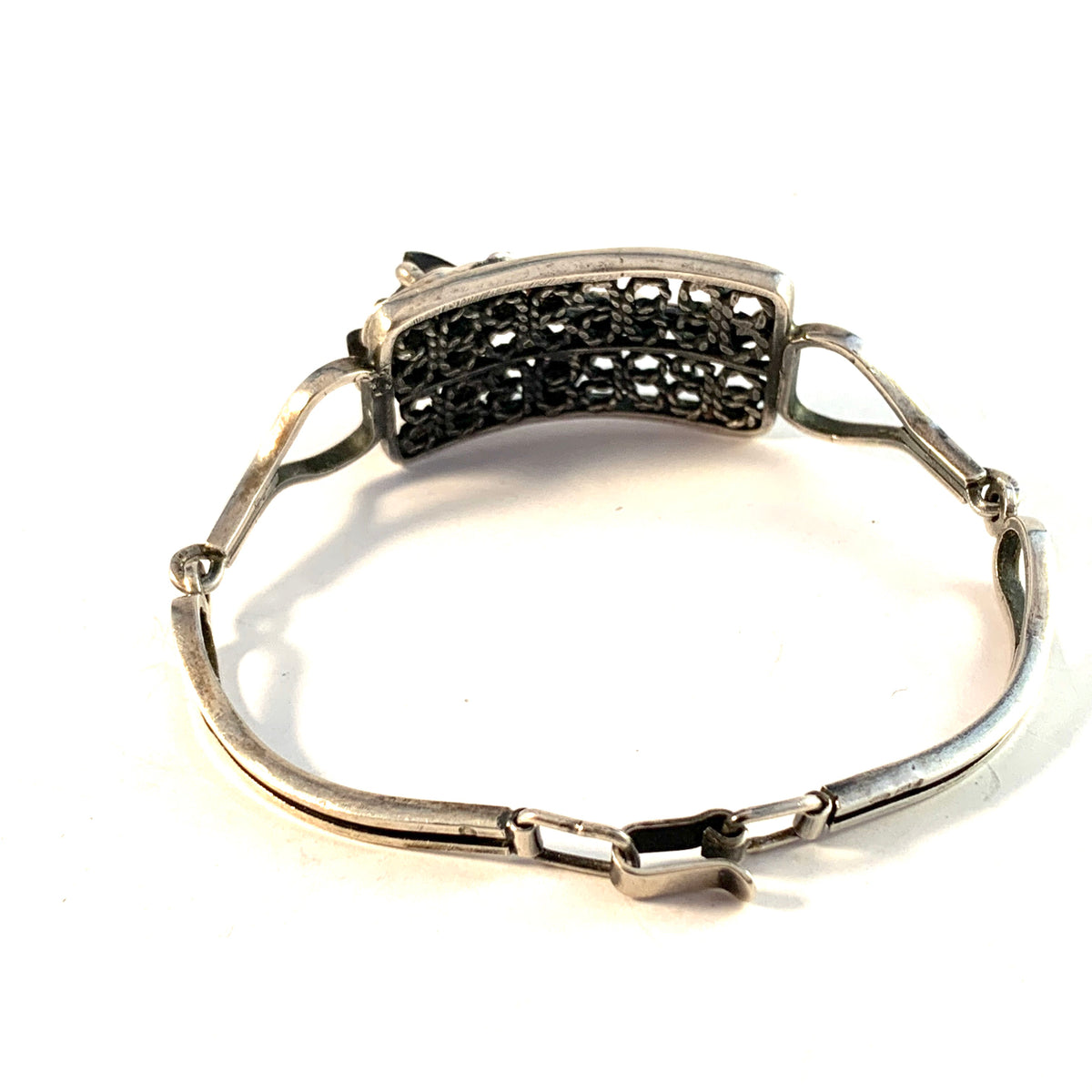 Maker KLŁ Poland, Vintage 875 Silver Carved Black Rose Bracelet