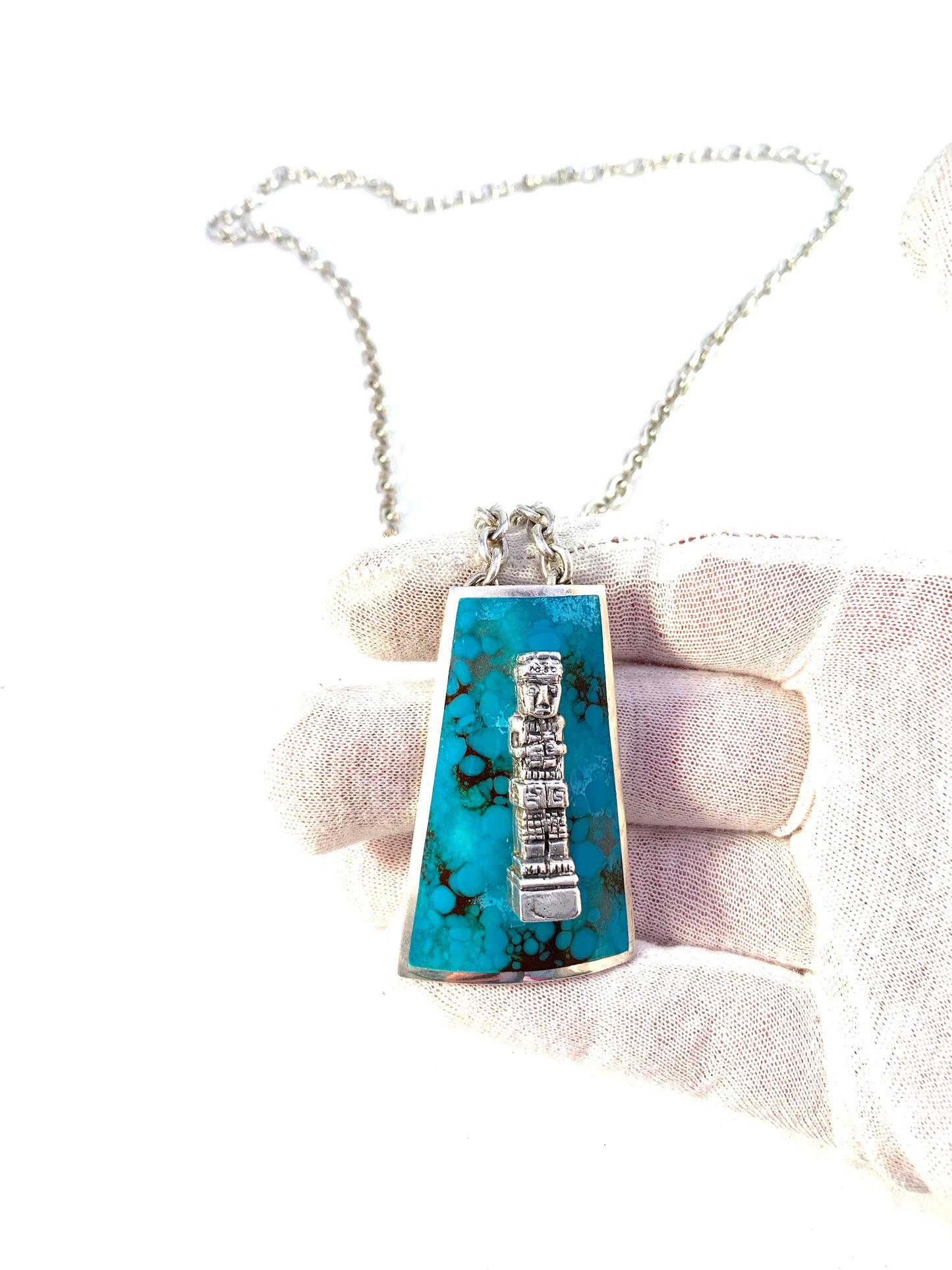 Graziella Laffi, Peru 1960s Chunky 3oz Modernist Sterling Silver Turquoise Enamel Pendant Necklace.