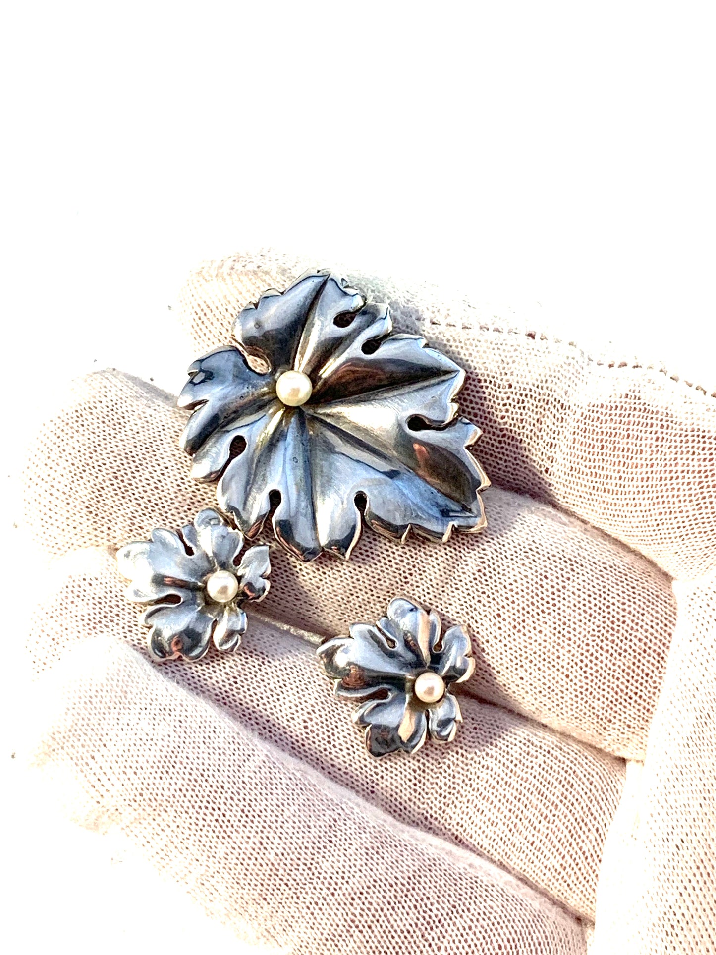 Victor Janson, Sweden 1958 Mid Century Sterling Silver Cultured Pearl Set.