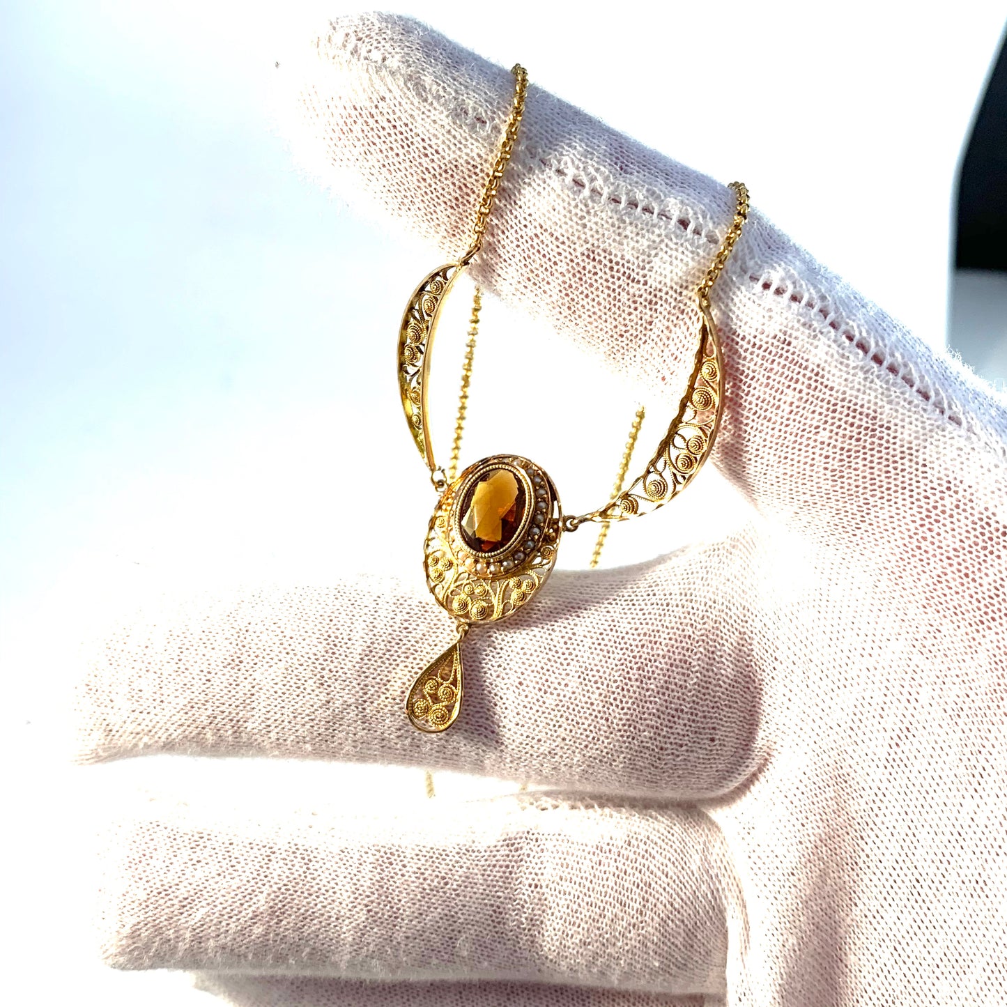 G Dahlgren, Sweden 1912 Antique 18k Gold Citrine Seed Pearl Filigree Necklace.