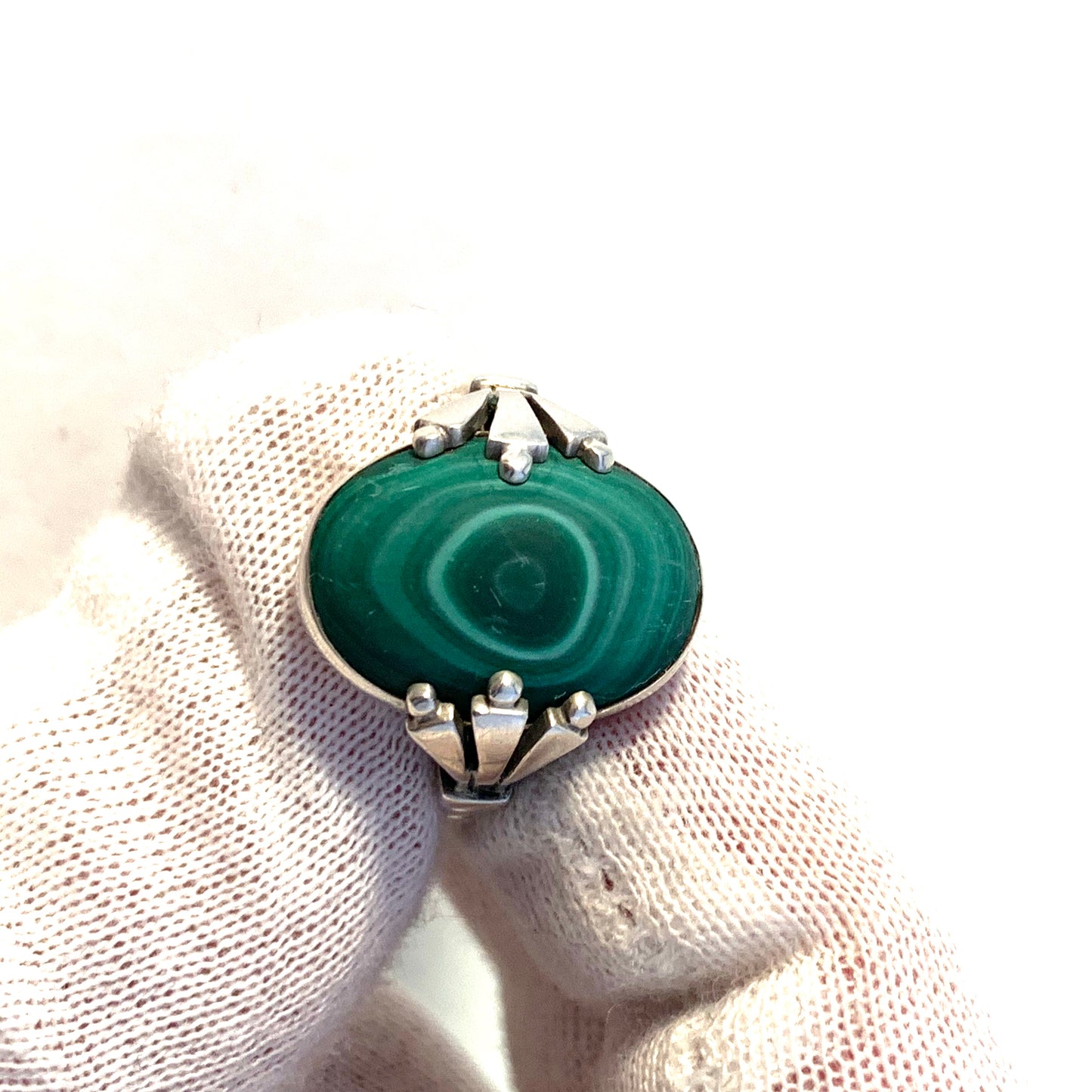 Georg Jensen, Denmark. Design 51 by Oscar Gundlach-Pedersen Art Deco Sterling Silver Malachite Ring.