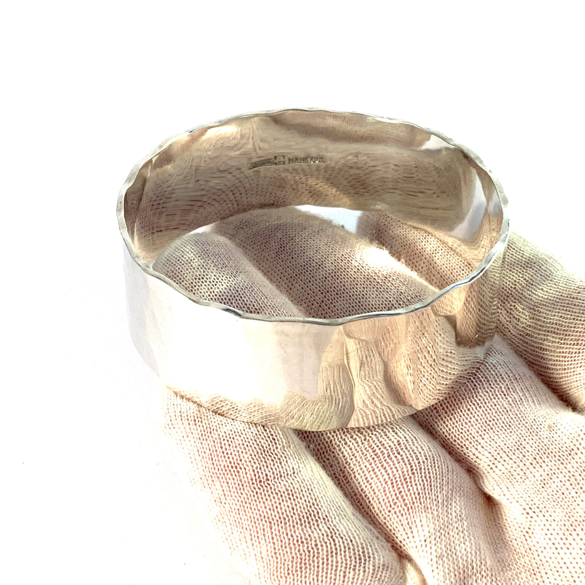 Denmark Vintage Massive Hand Hammered Sterling Silver Bangle Bracelet. Maker's Mark.